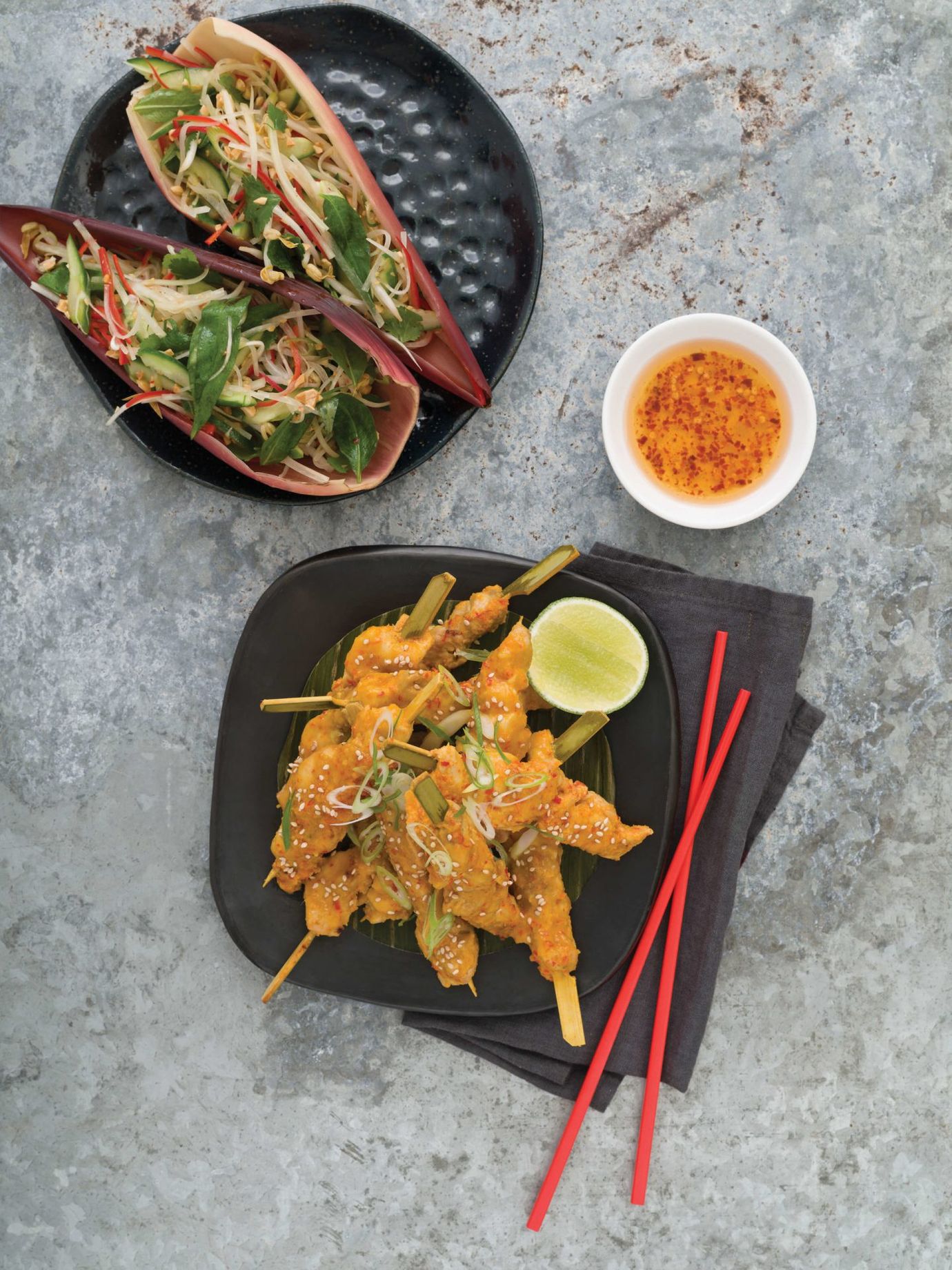 Satay lemongrass chicken with banana blossom salad