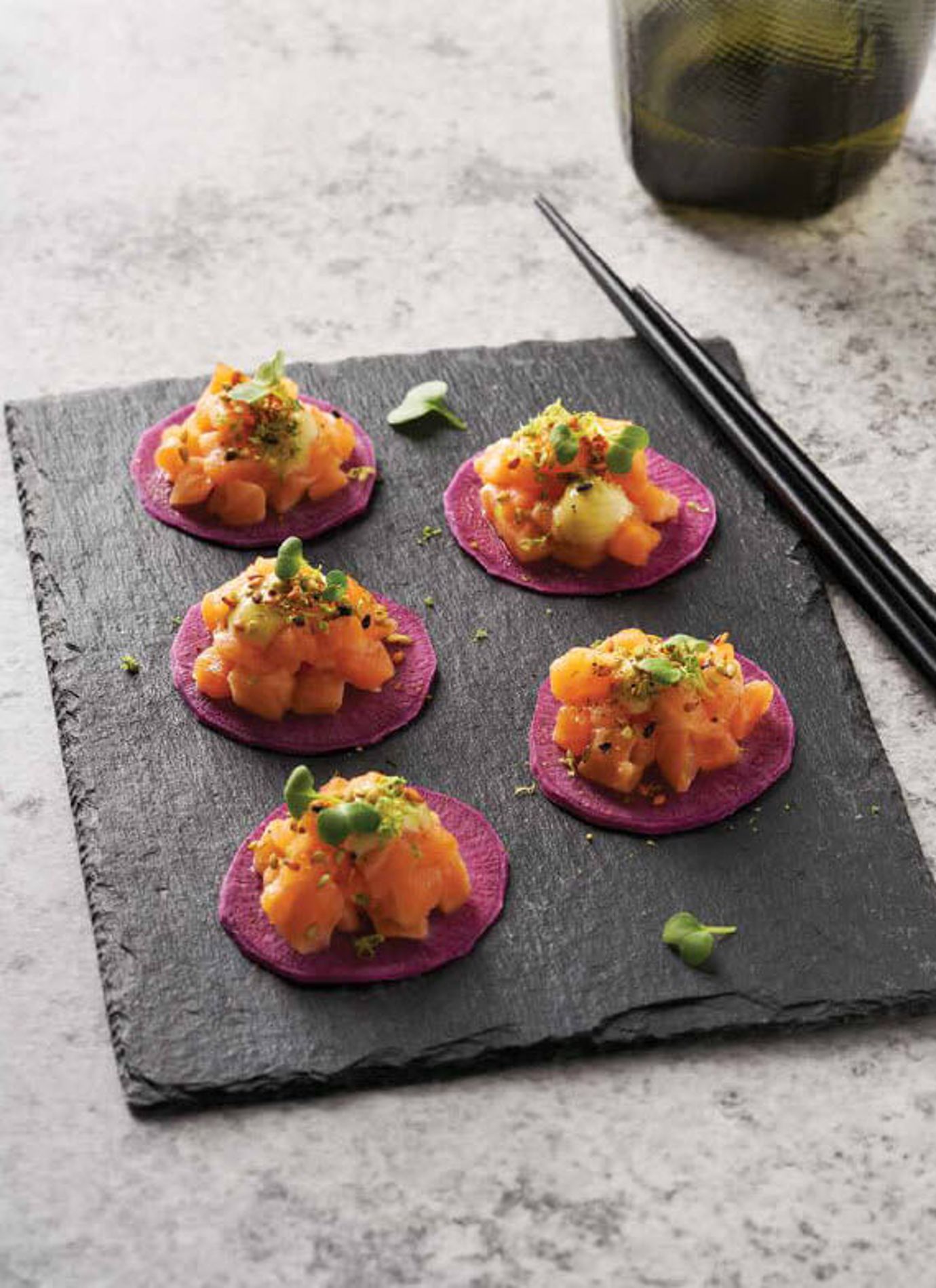 Salmon sashimi, compressed daikon and wasabi