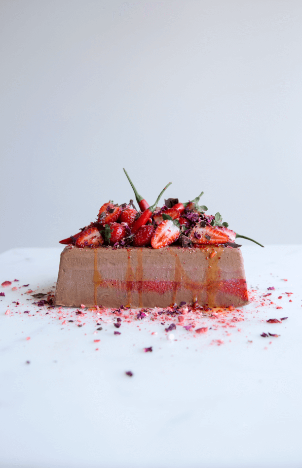Chocolate semifreddo with chilli, strawberry, olive oil and rose