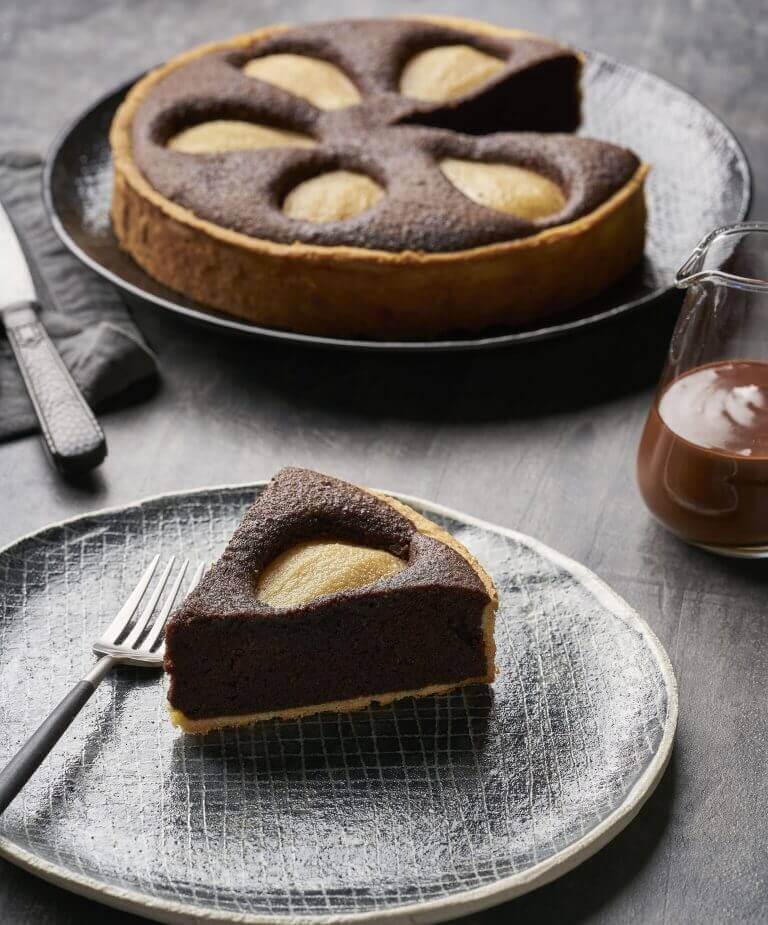 Pear and chocolate frangipane tart dessert