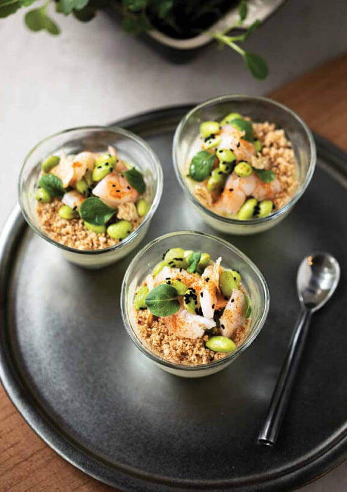 Prawn Cocktail Stack Prawn cocktail with edamame and shallot crumble