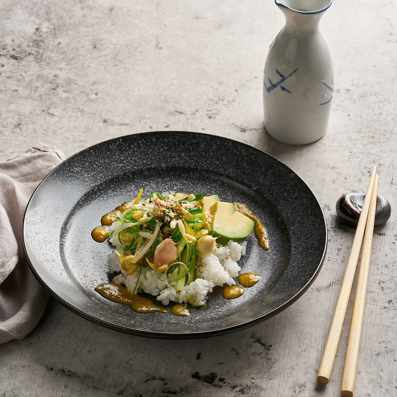 Sushi salad bowl with turmeric miso dressing