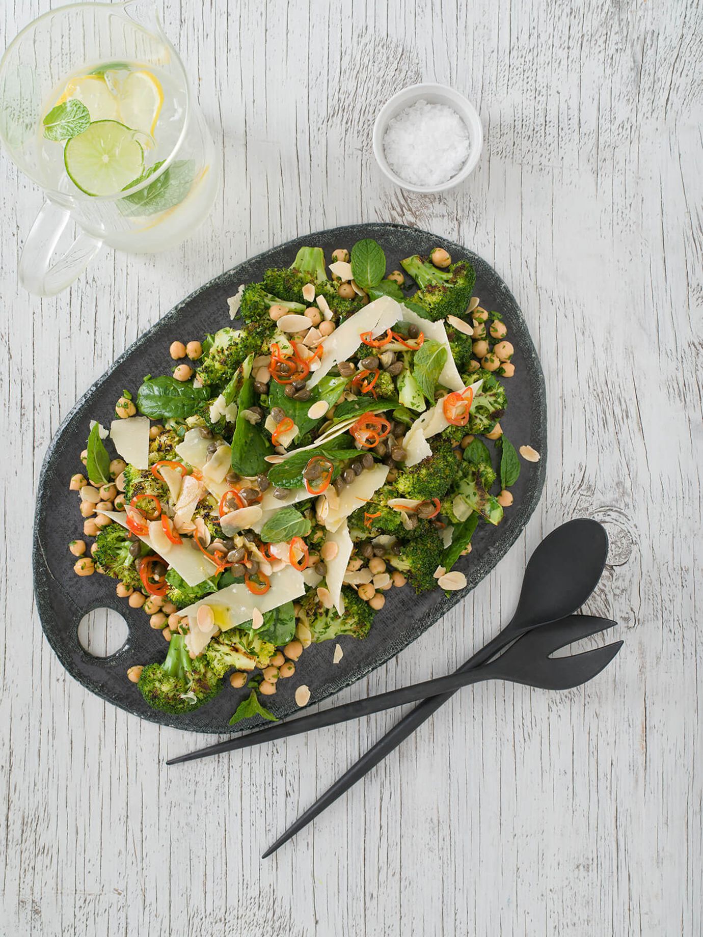 Chargrilled broccoli with almonds, chilli and chickpeas