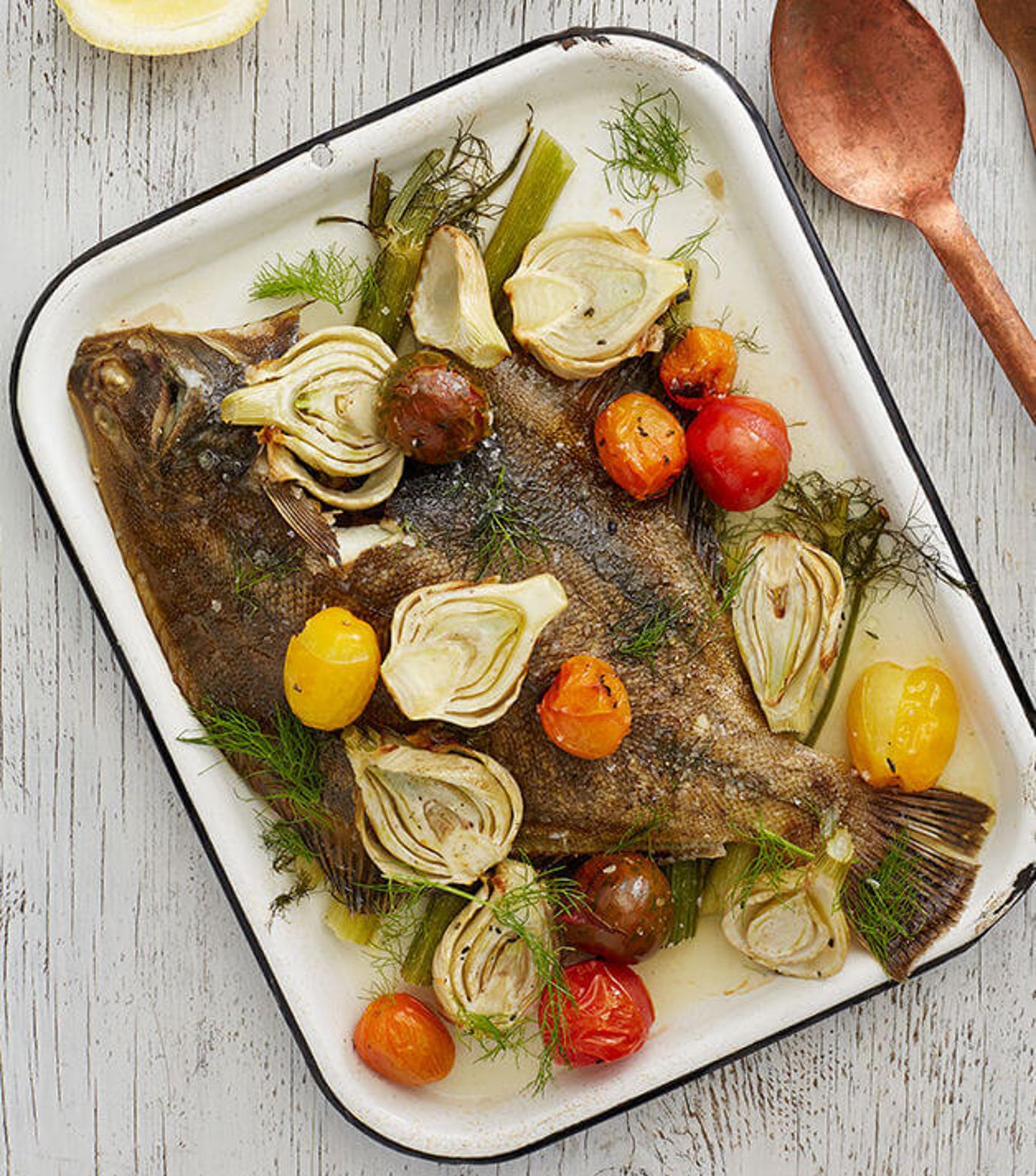 Whole baked flounder with roasted tomatoes and fennel