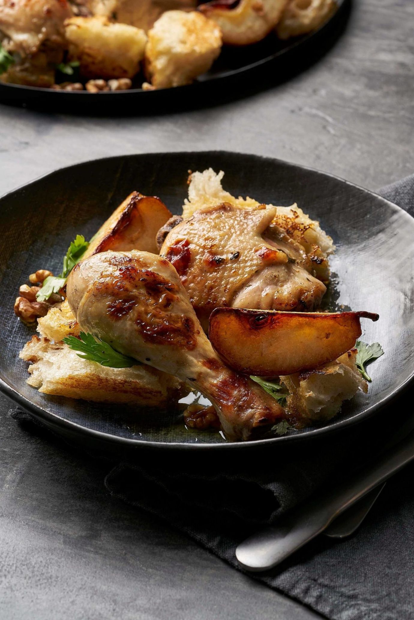 Roast chicken with pear, walnut and bread salad