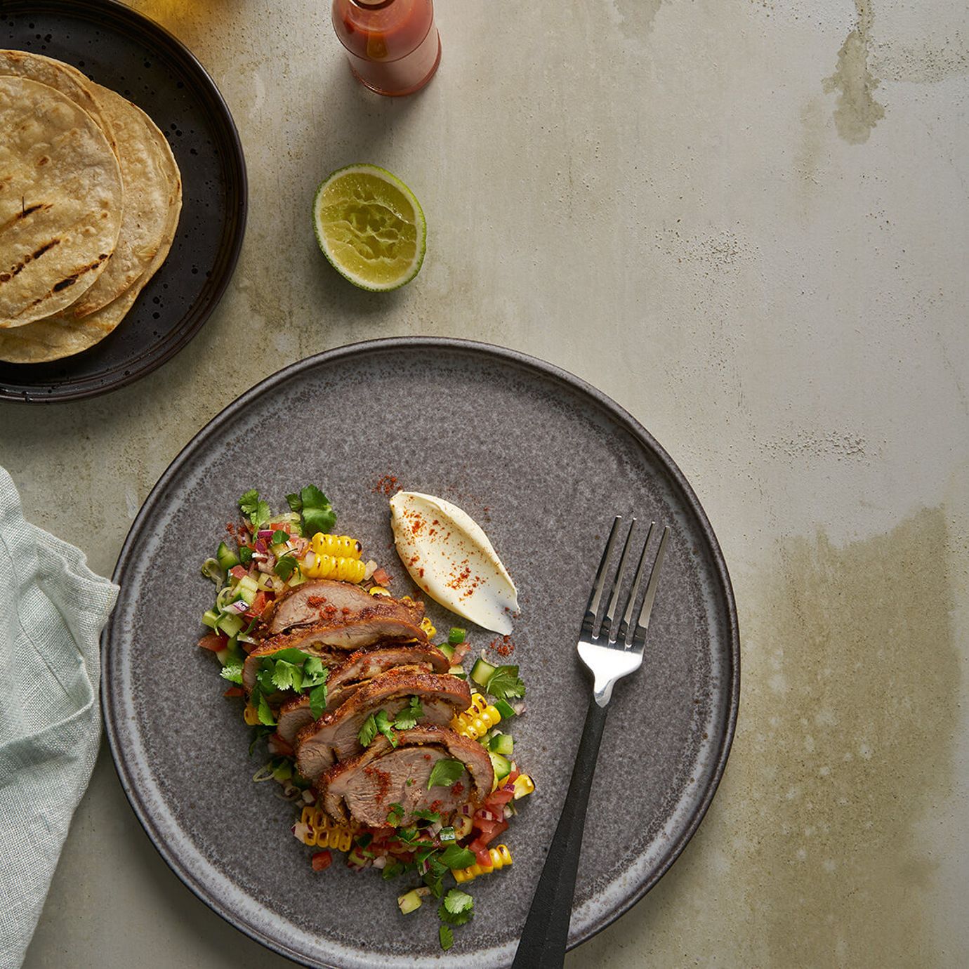 Tamarind, lime and chipotle pork, with corn salsa
