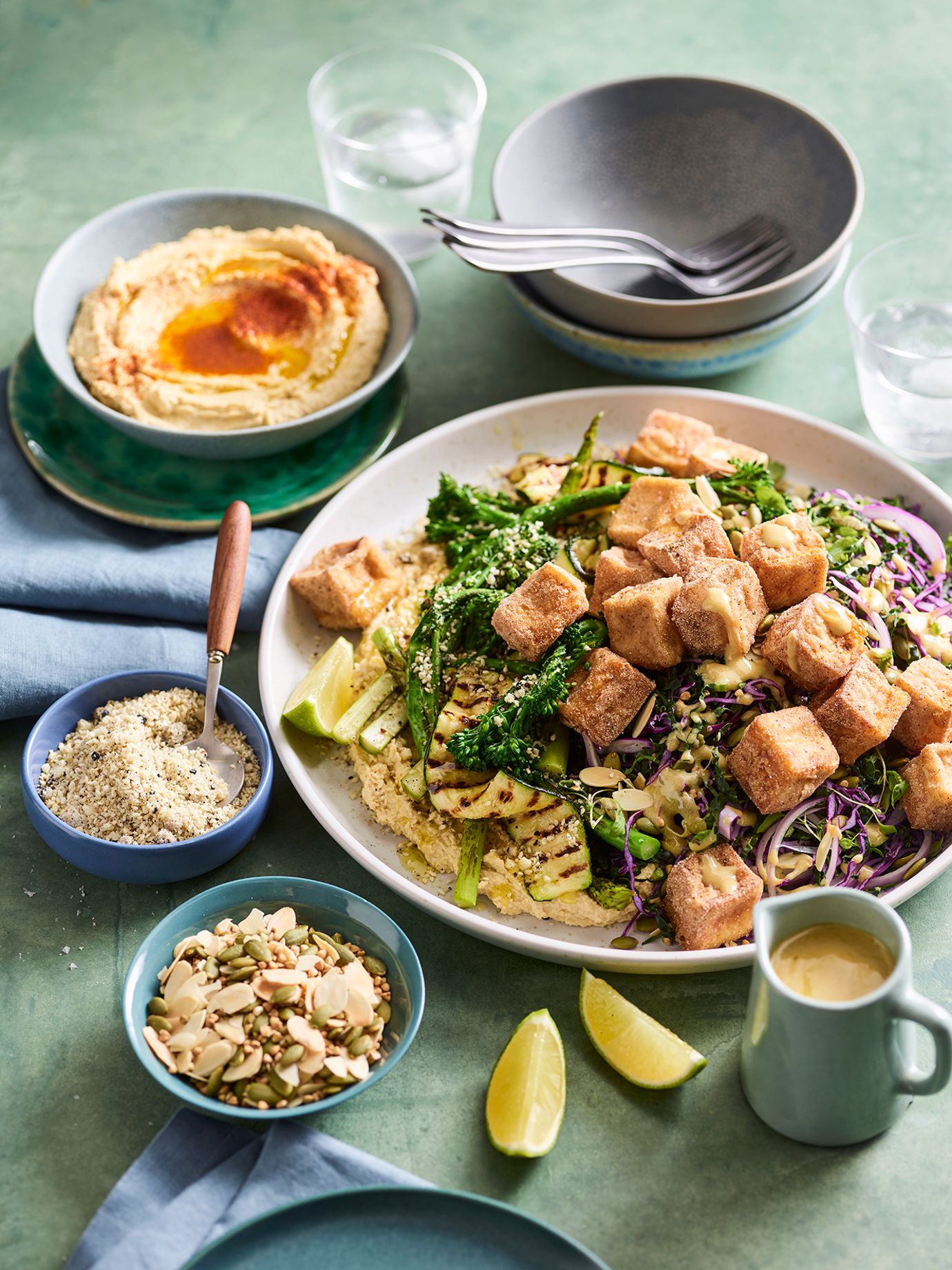 Kale slaw with grilled vegetables and tofu bites