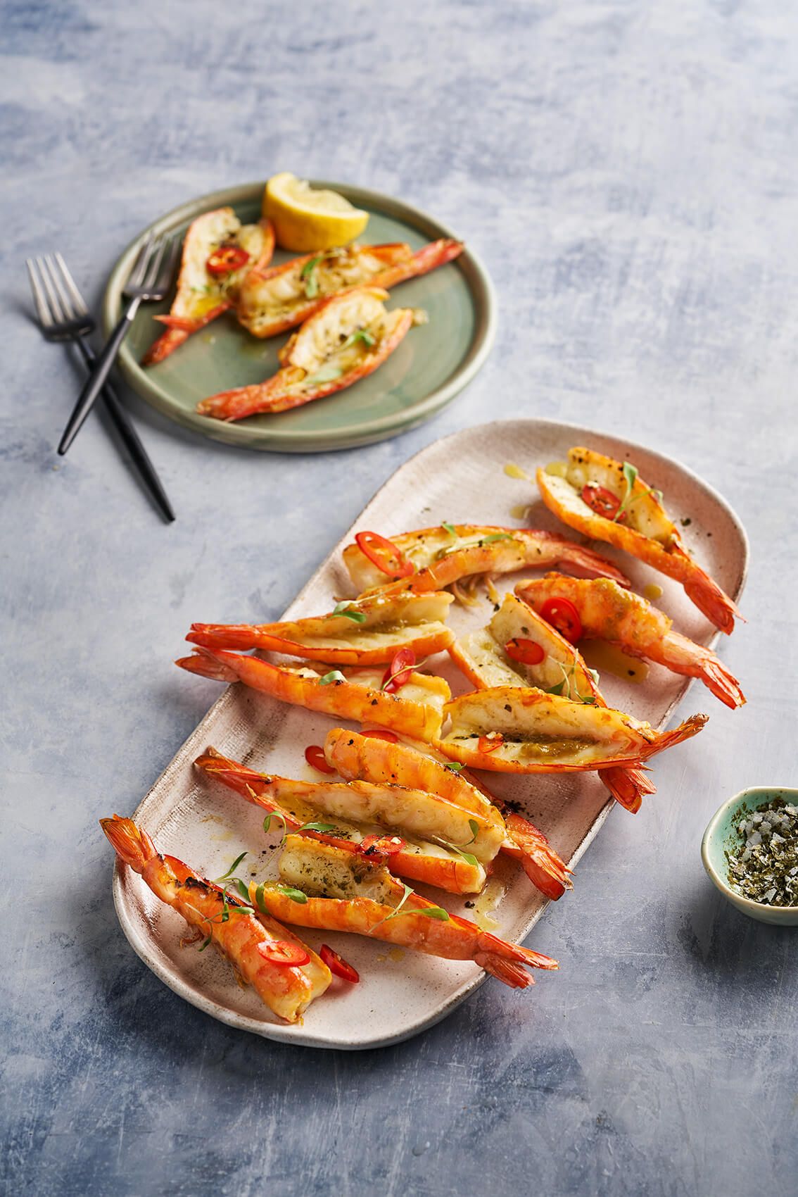 Grilled prawns with wasabi butter and nori salt