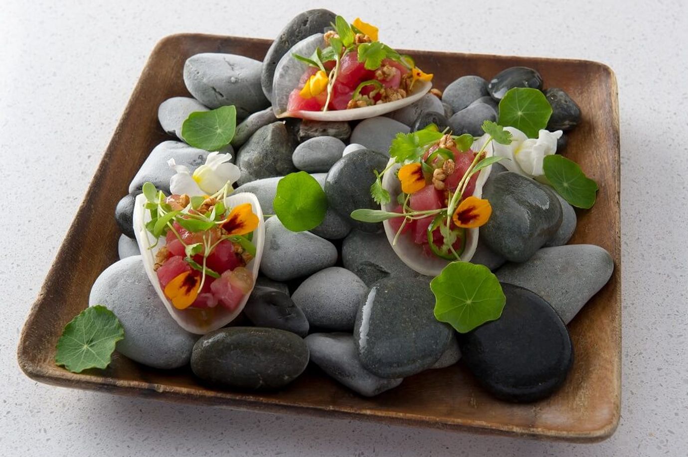 Daikon taco, yellowfin tuna, puffed wheat berries, yuzu gel