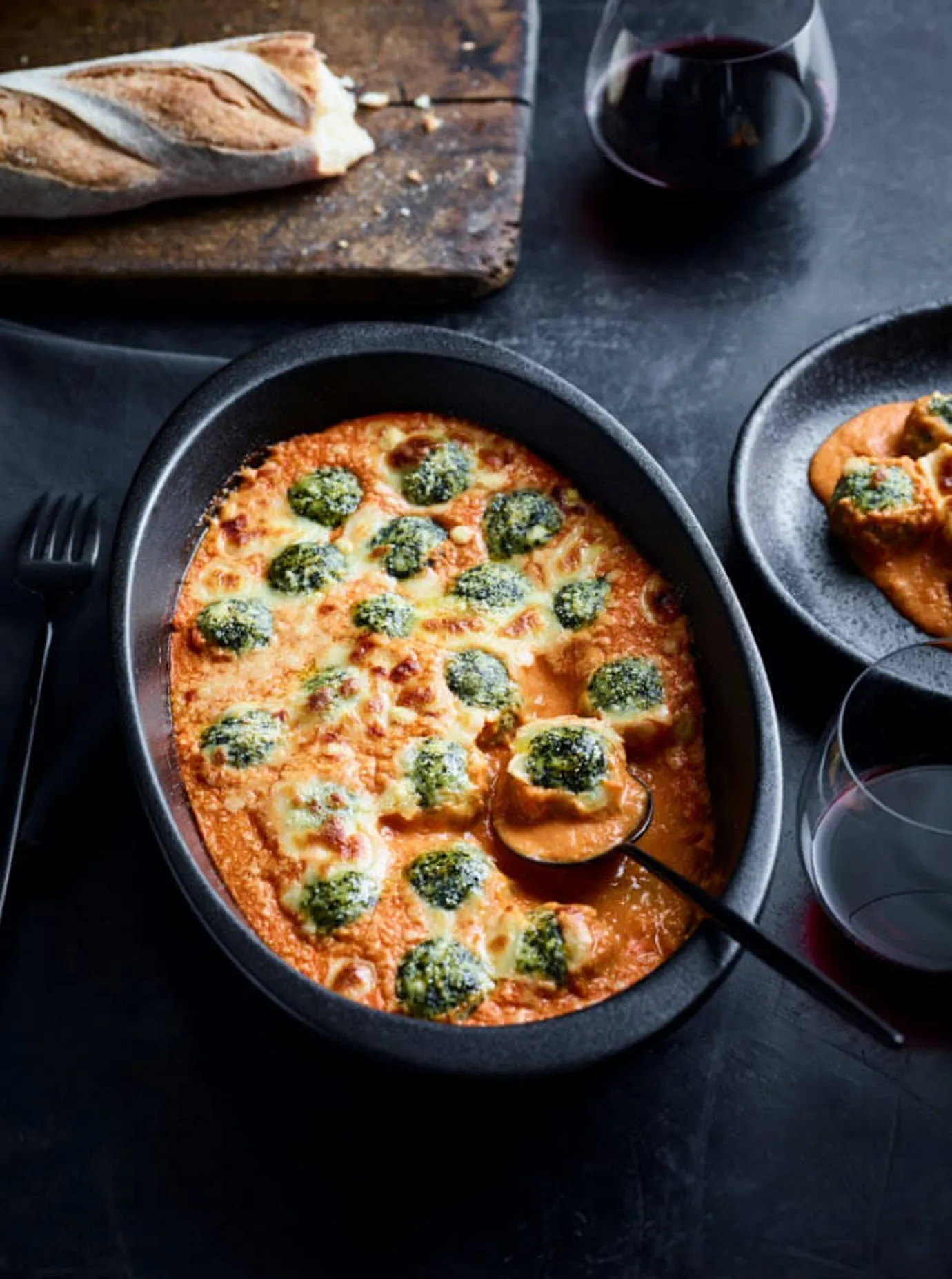 Spinach and three cheese dumplings with sous-vide tomato sugo
