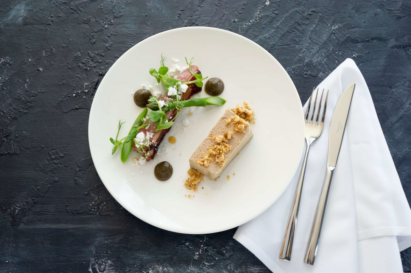 Duck liver parfait, brined duck breast, burnt apple puree, walnut crunch