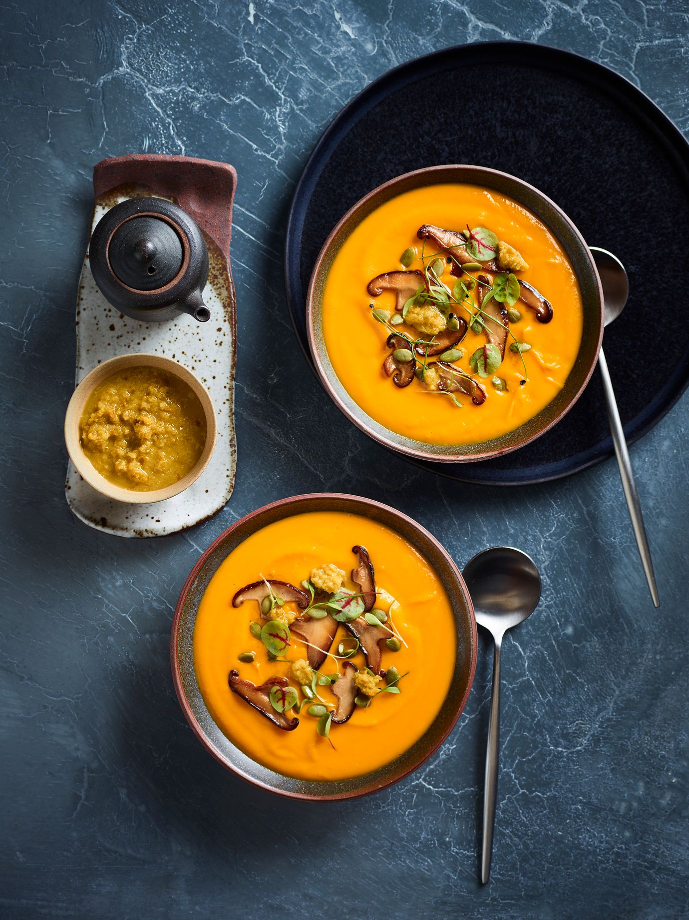 Sous-vide pumpkin soup with yuzu kosho and shiitake