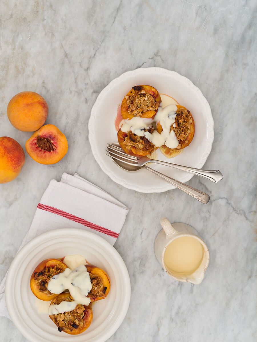Peaches with almond butter and brown sugar center