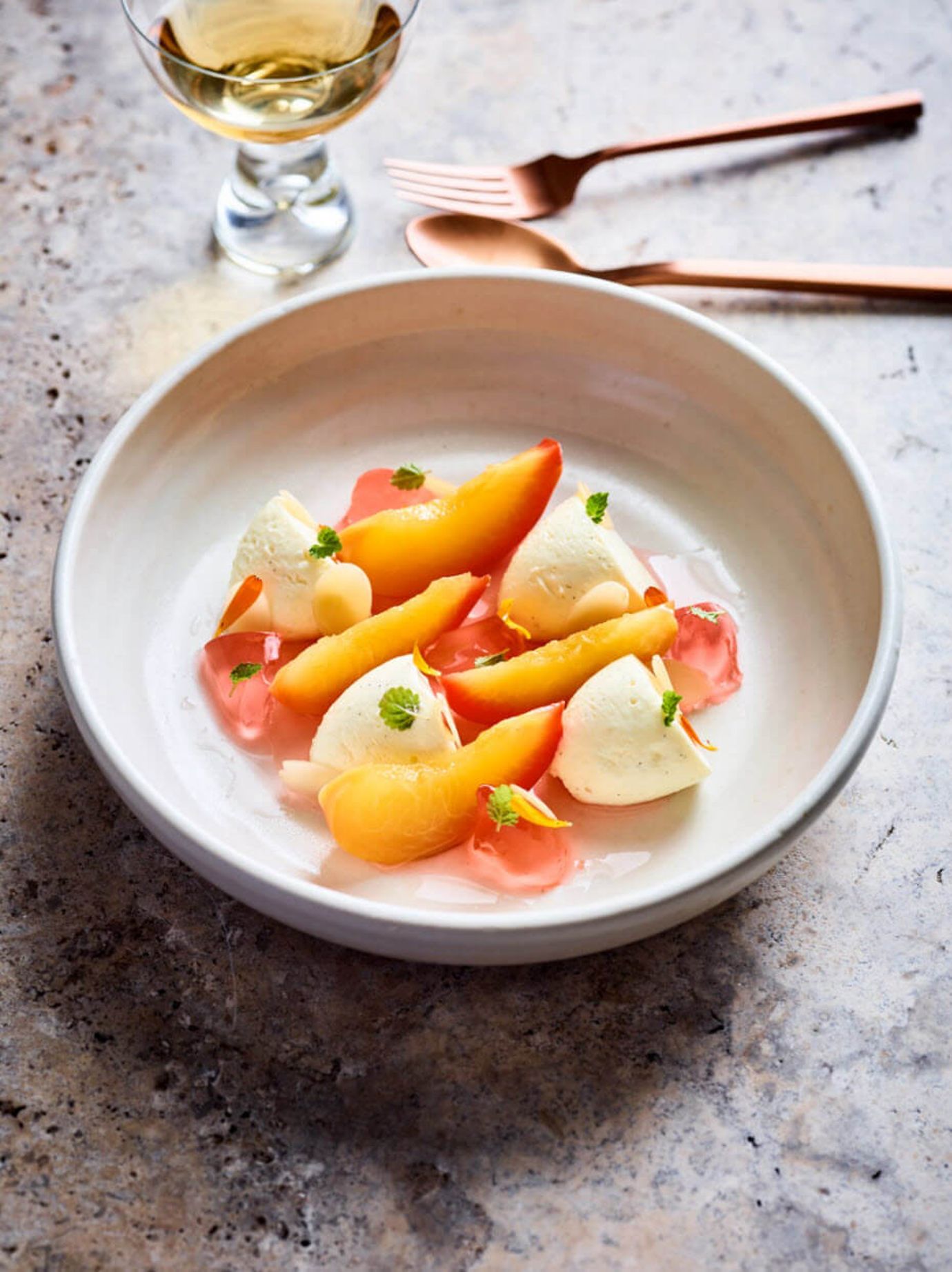 Peaches, cream cheese, verjuice, almonds