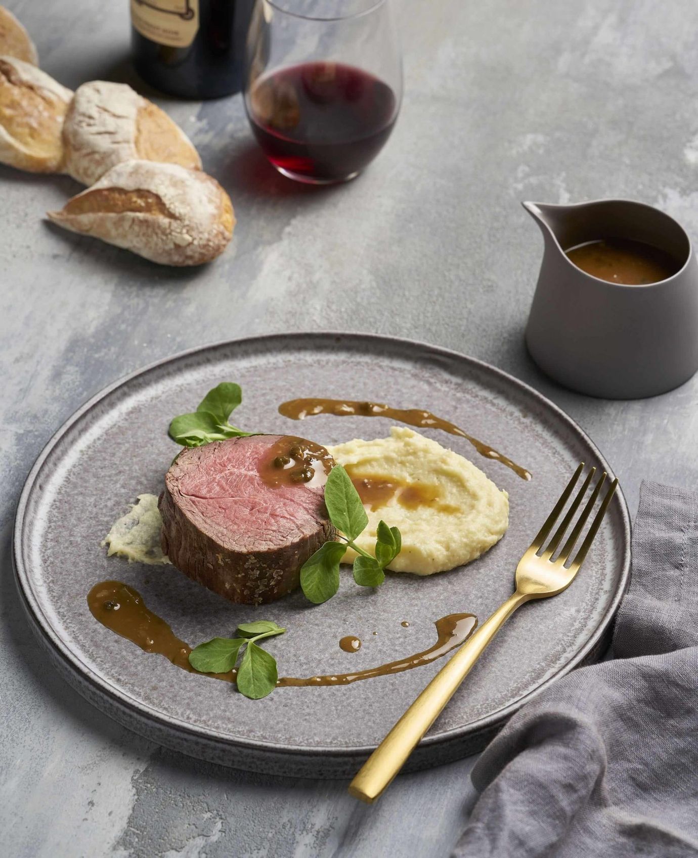 Beef on parsnip mash with horseradish and caper sauce