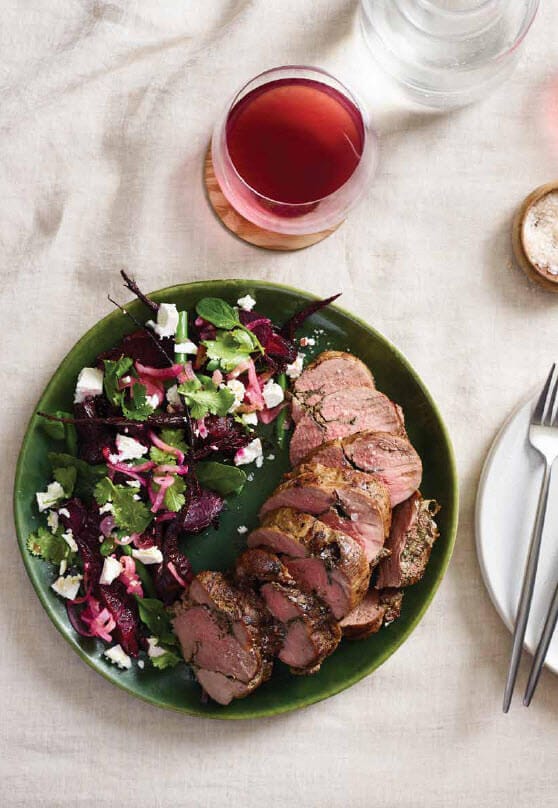 Roast lamb with baby spinach and beetroot salad