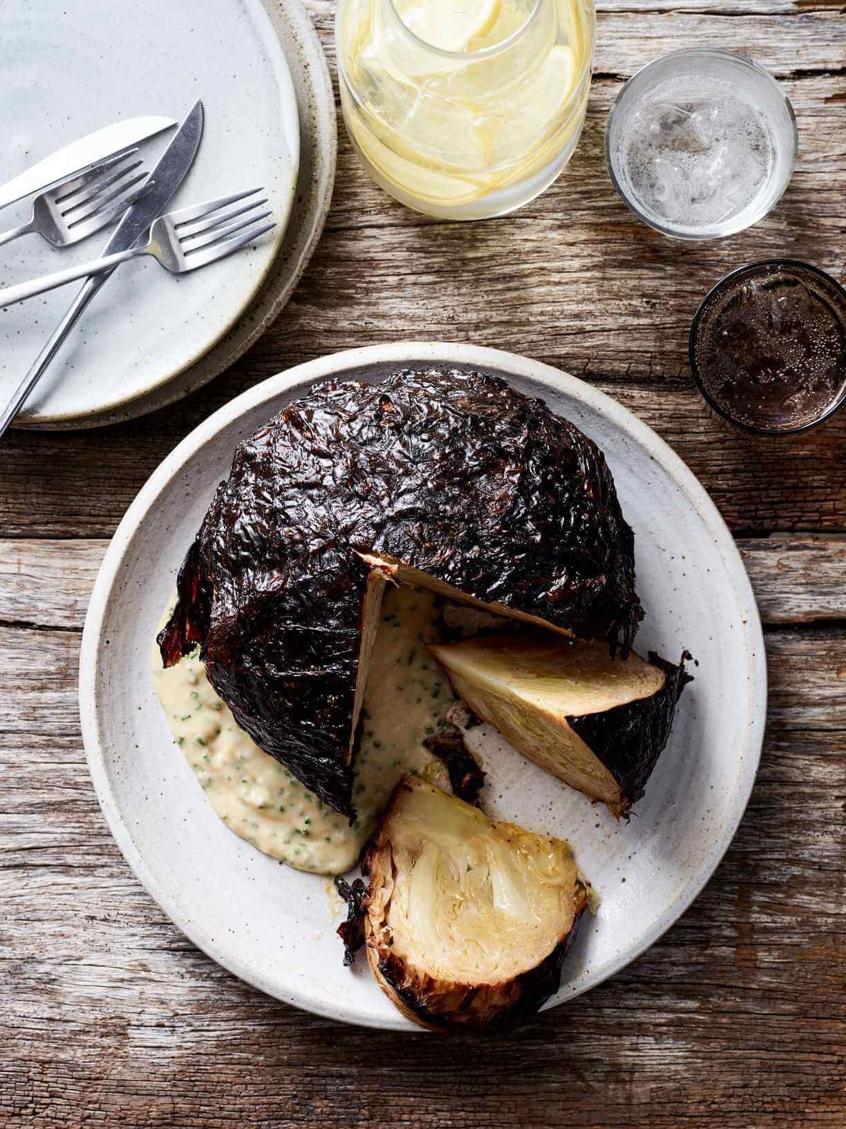 Roasted cabbage with onion and sourdough cream