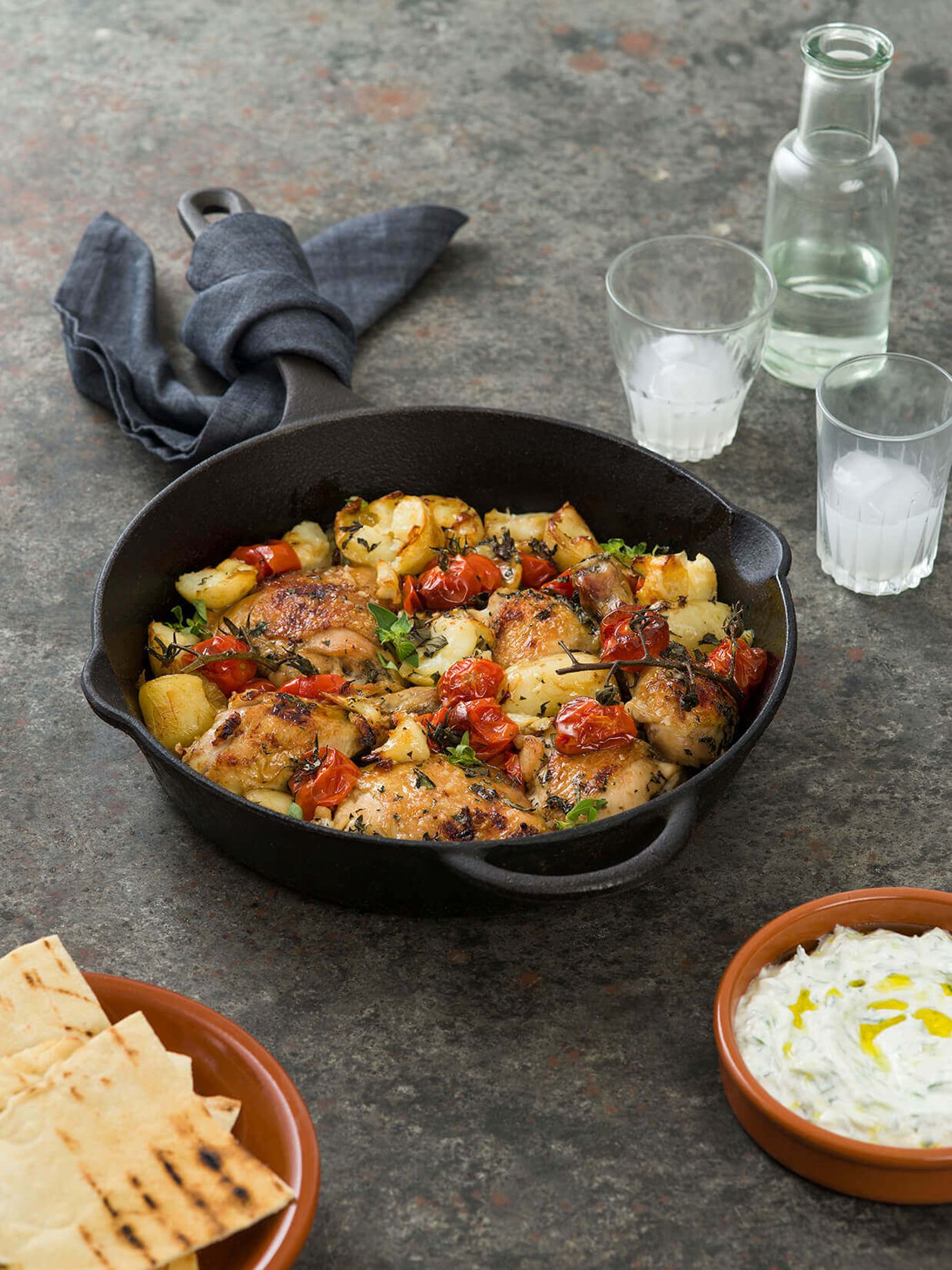 Roasted chicken Maryland with new potatoes and tomatoes