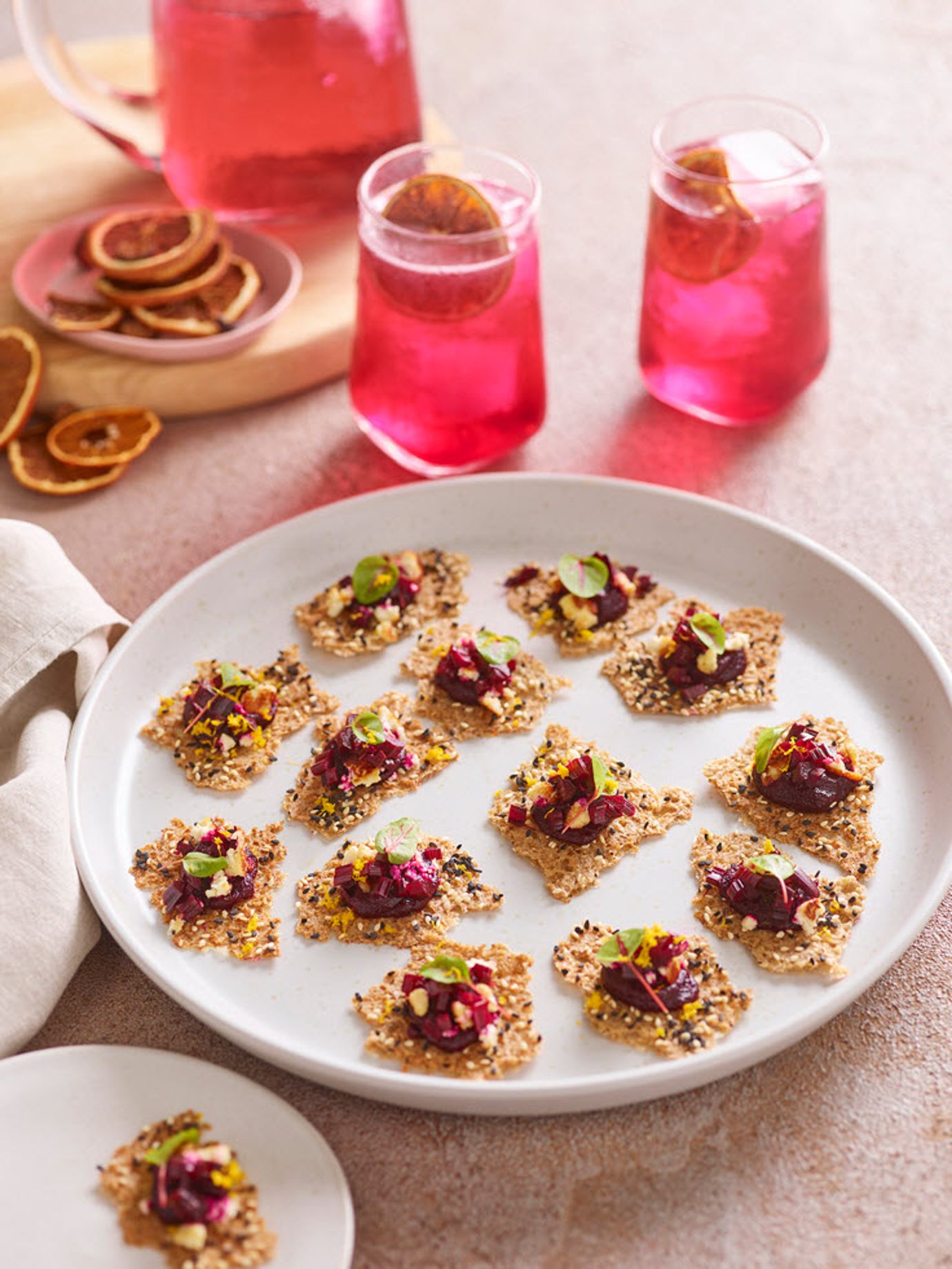 Beetroot and crispy curds on barley crackers