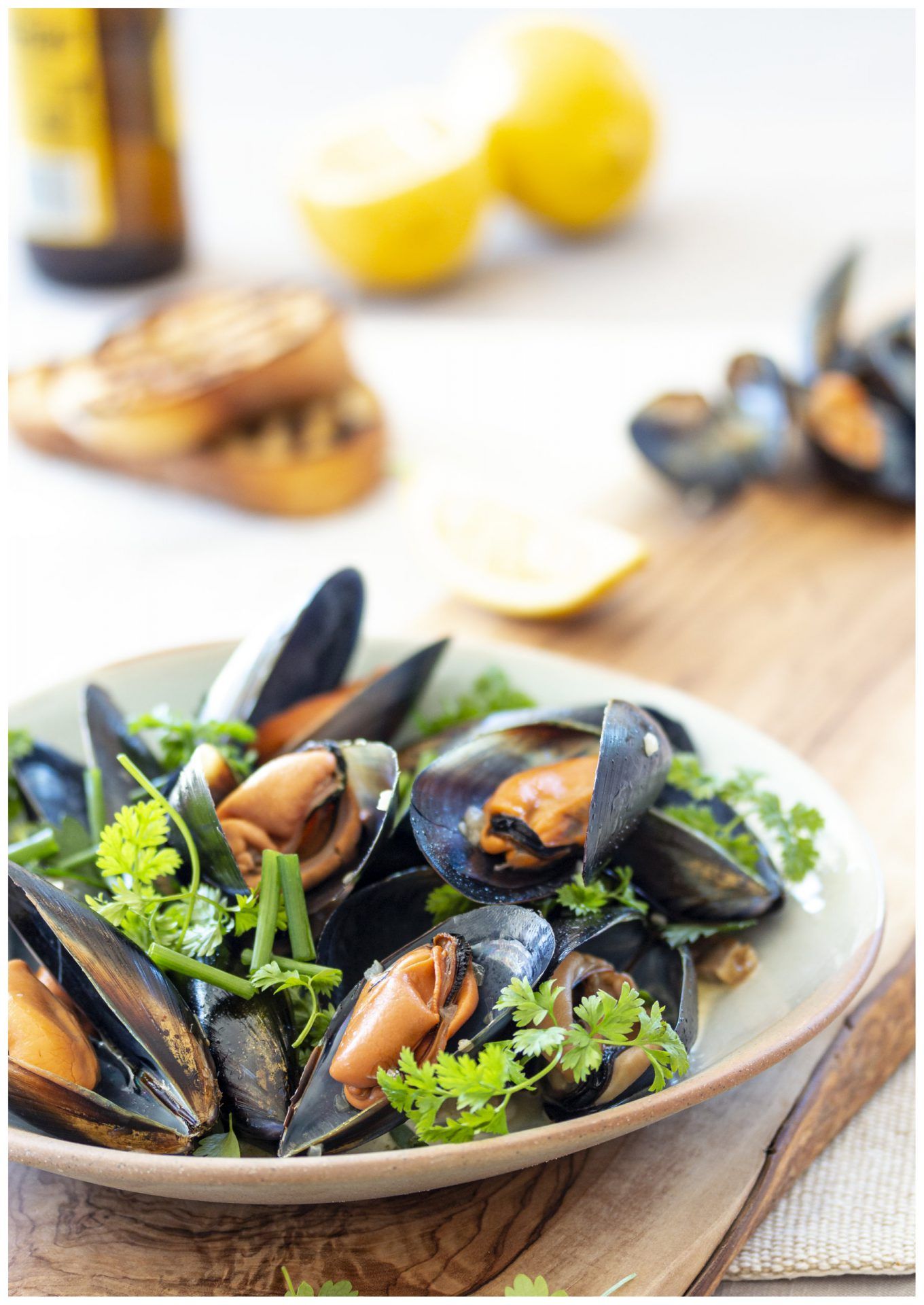 Mussels with bacon, cider and herbs