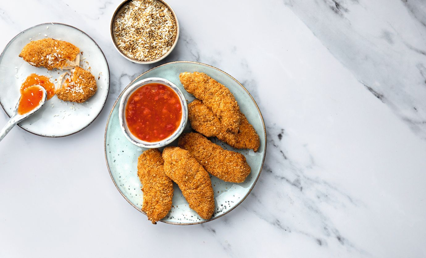 Chicken nuggets with coconut sesame coating