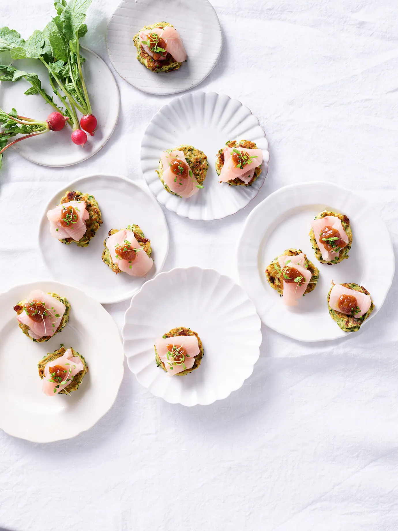Avocado fritters with kingfish sashimi and umeboshi