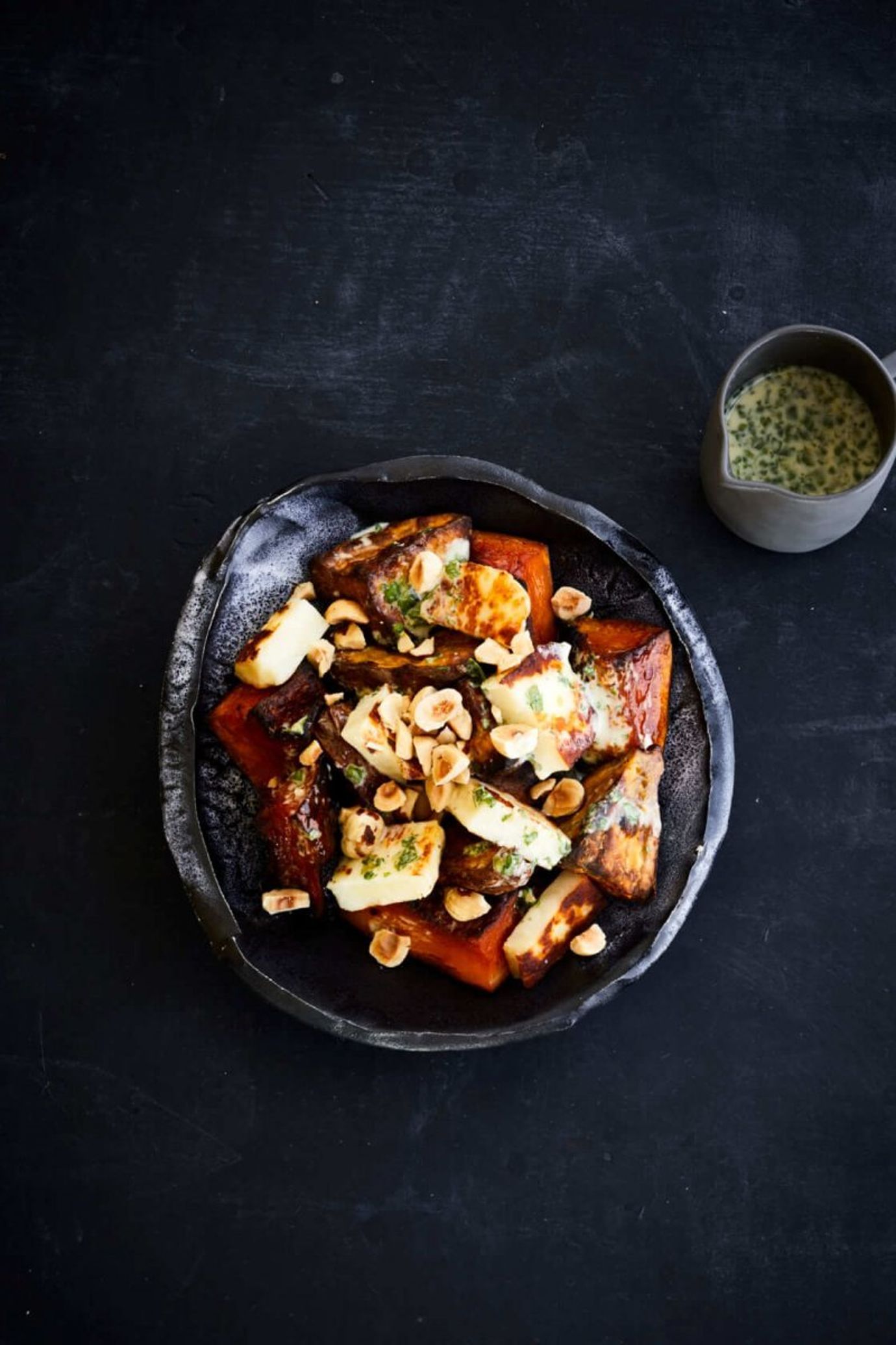 Roasted baby kumara, halloumi, tahini