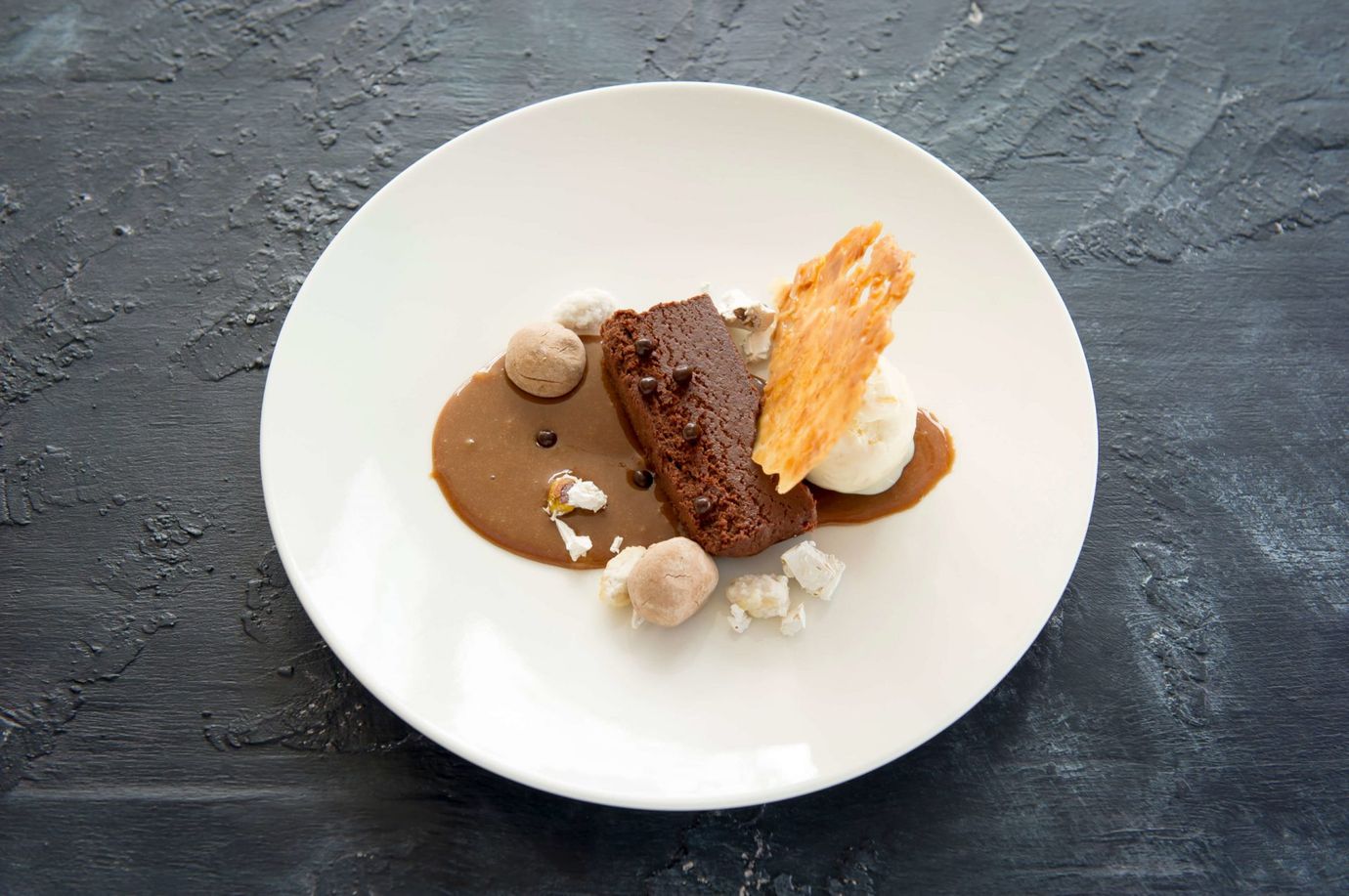 Chocolate terrine, nougat, chocolate mayo, caramelia rocks
