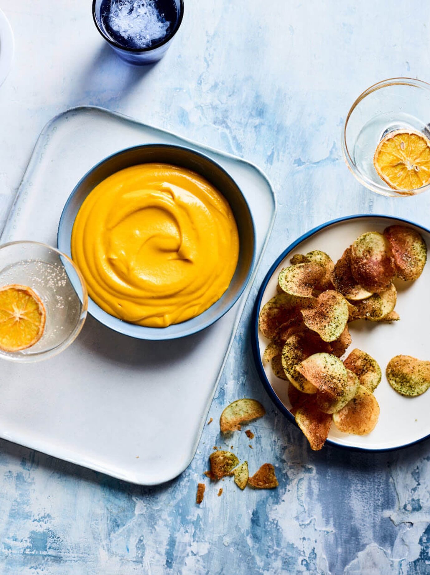 Carrot miso dip with seaweed salt potato chips