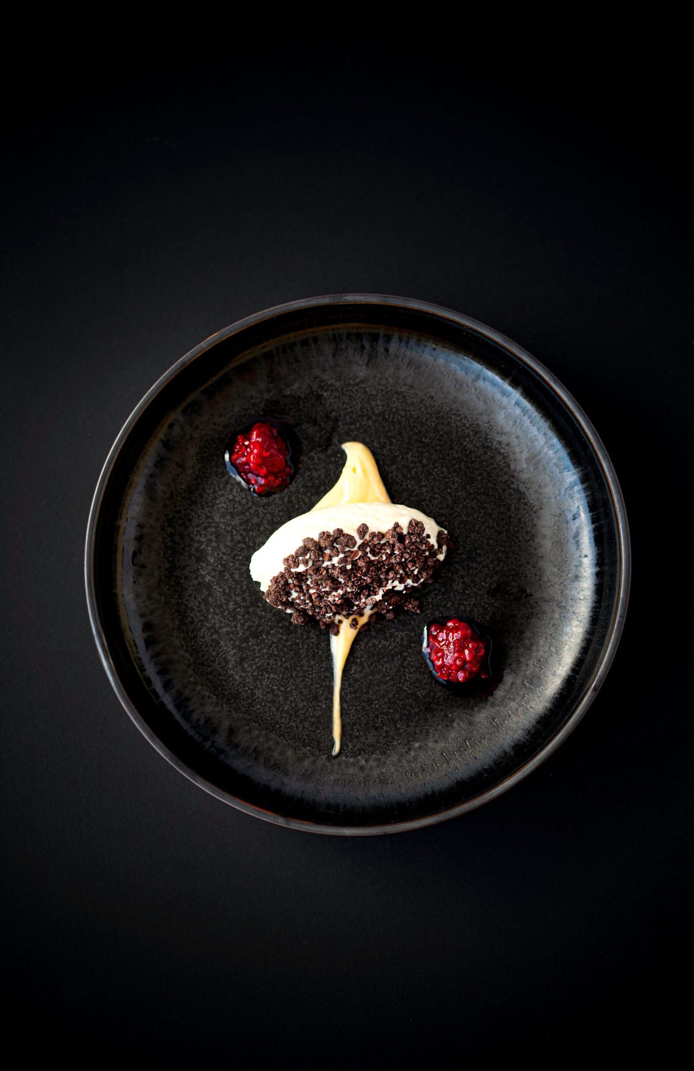 White chocolate with lemon curd, balsamic raspberries and crystalised dark chocolate