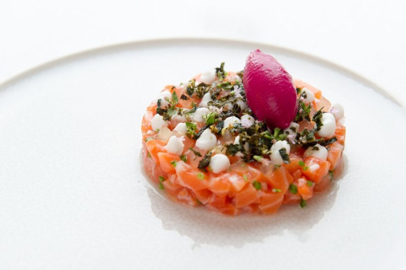 Diced salmon, avocado cream, coconut gel, lemon gel, fried wakame