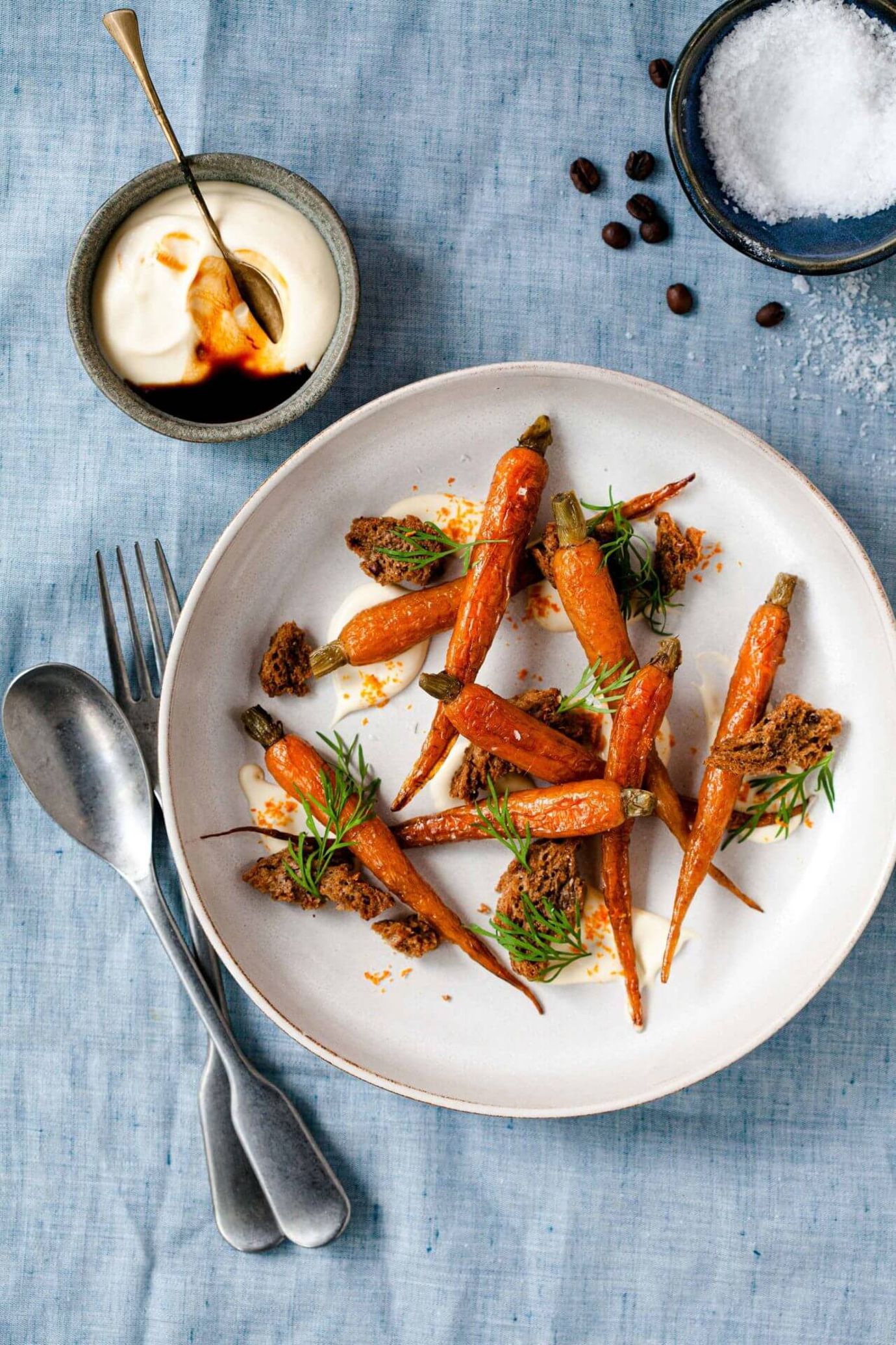 Coffee braised carrots with rye, dill and maple crème fraiche