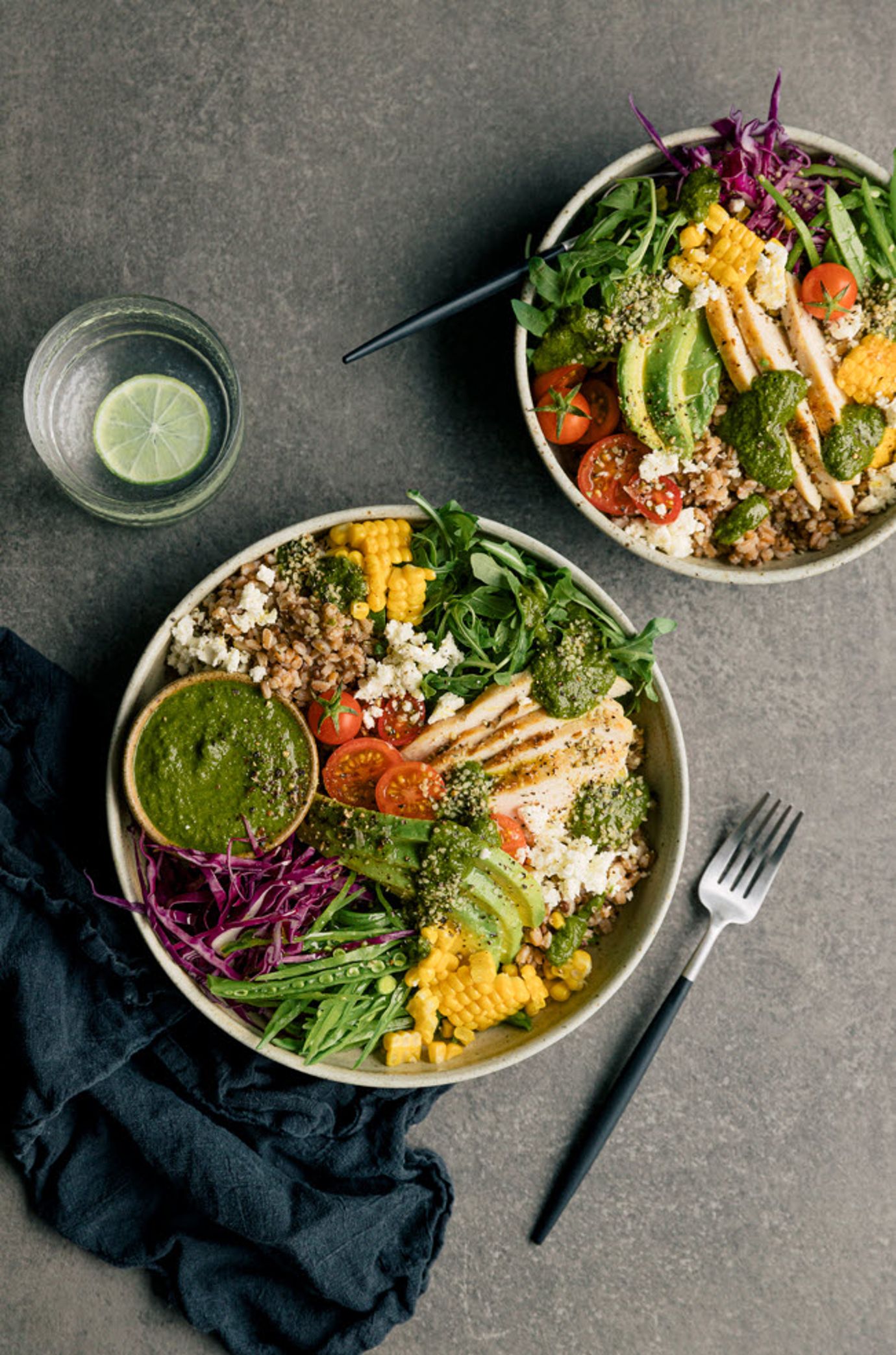 Farro, lentil and lemon pepper chicken nourishing bowls