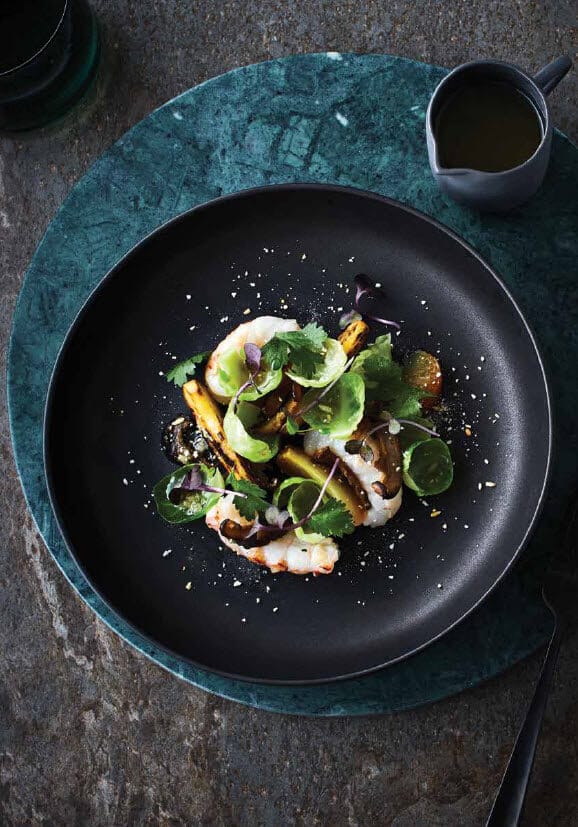 NZ scampi, persimmon and beetroot with shiso and shitake dressing