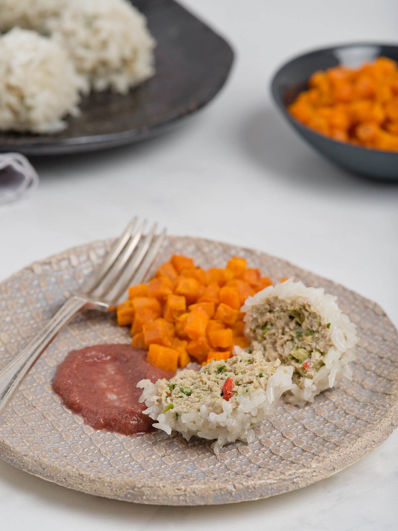 Thai Chicken Dumpling With Lilly Pilly Dipping Sauce and Roast Sweet Potato