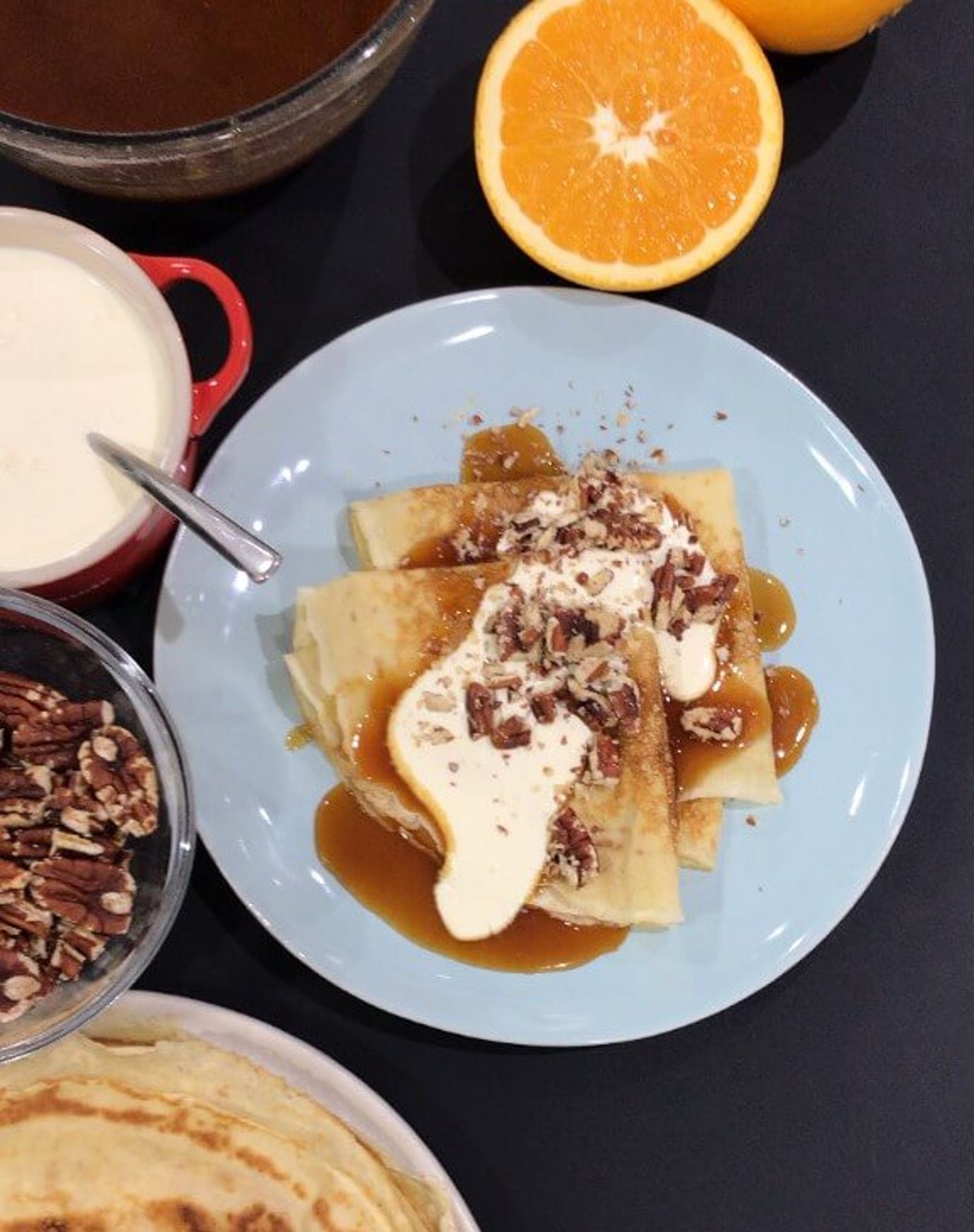 Crepes with burnt orange and Cointreau salted caramel sauce
