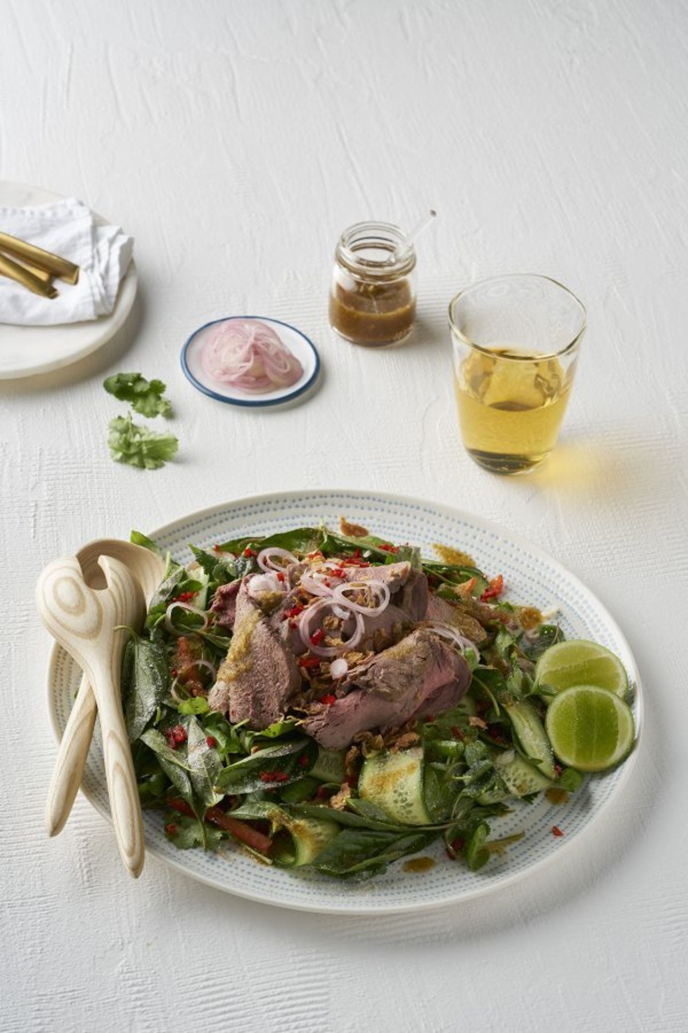 Thai beef salad with roasted rice and pickled shallots