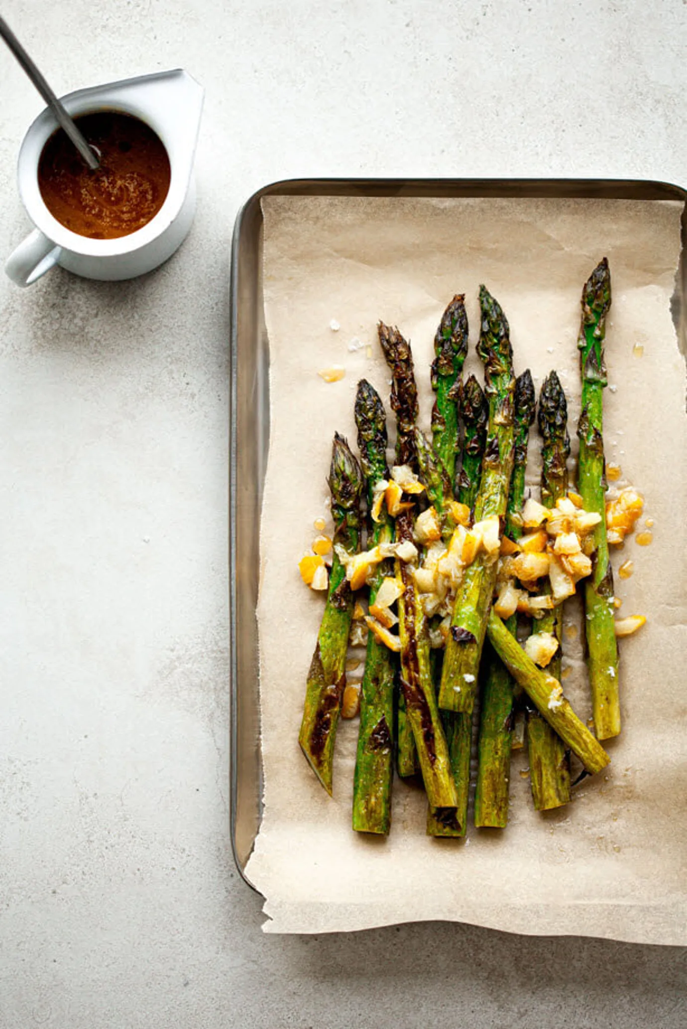 Grilled asparagus with candied lemon and burnt butter