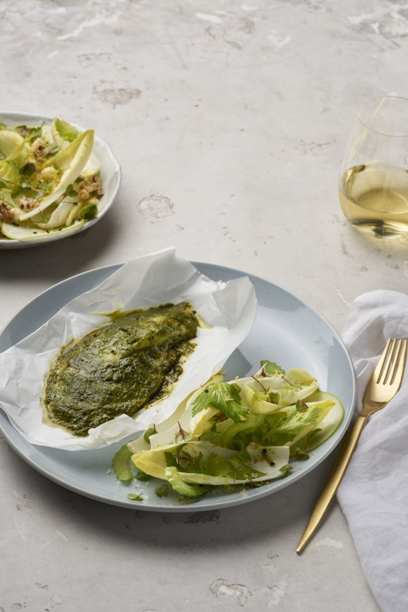 Fish en papillote with chermoula and waldorf salad