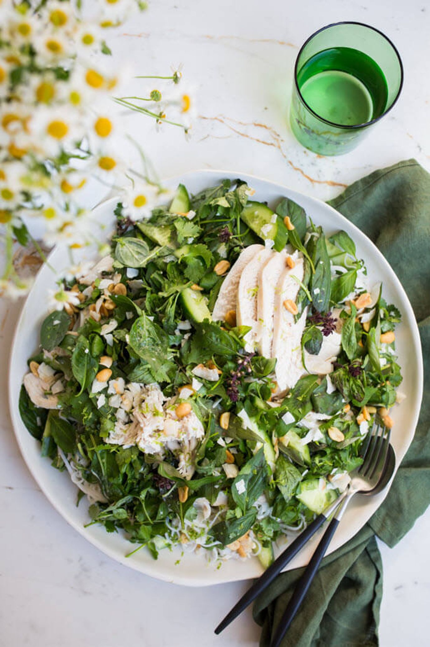 Coconut and ginger steamed chicken with fresh herb and noodle salad
