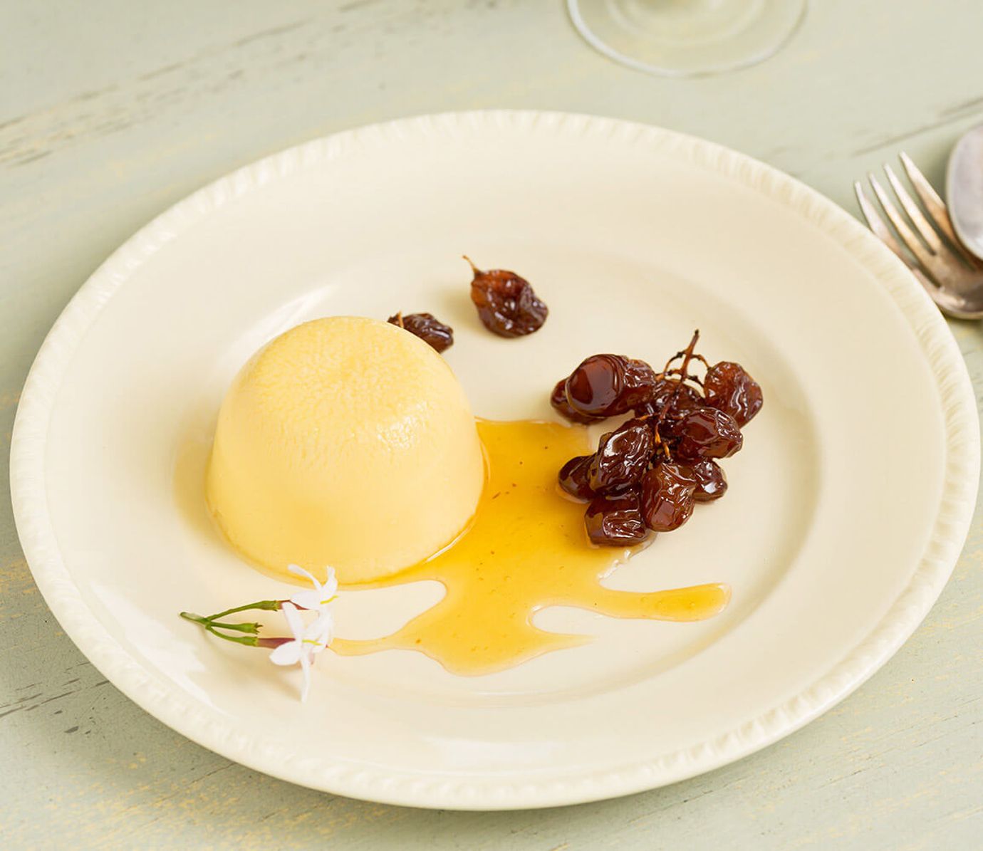 Verjuice custards with Bergamot-braised raisin clusters