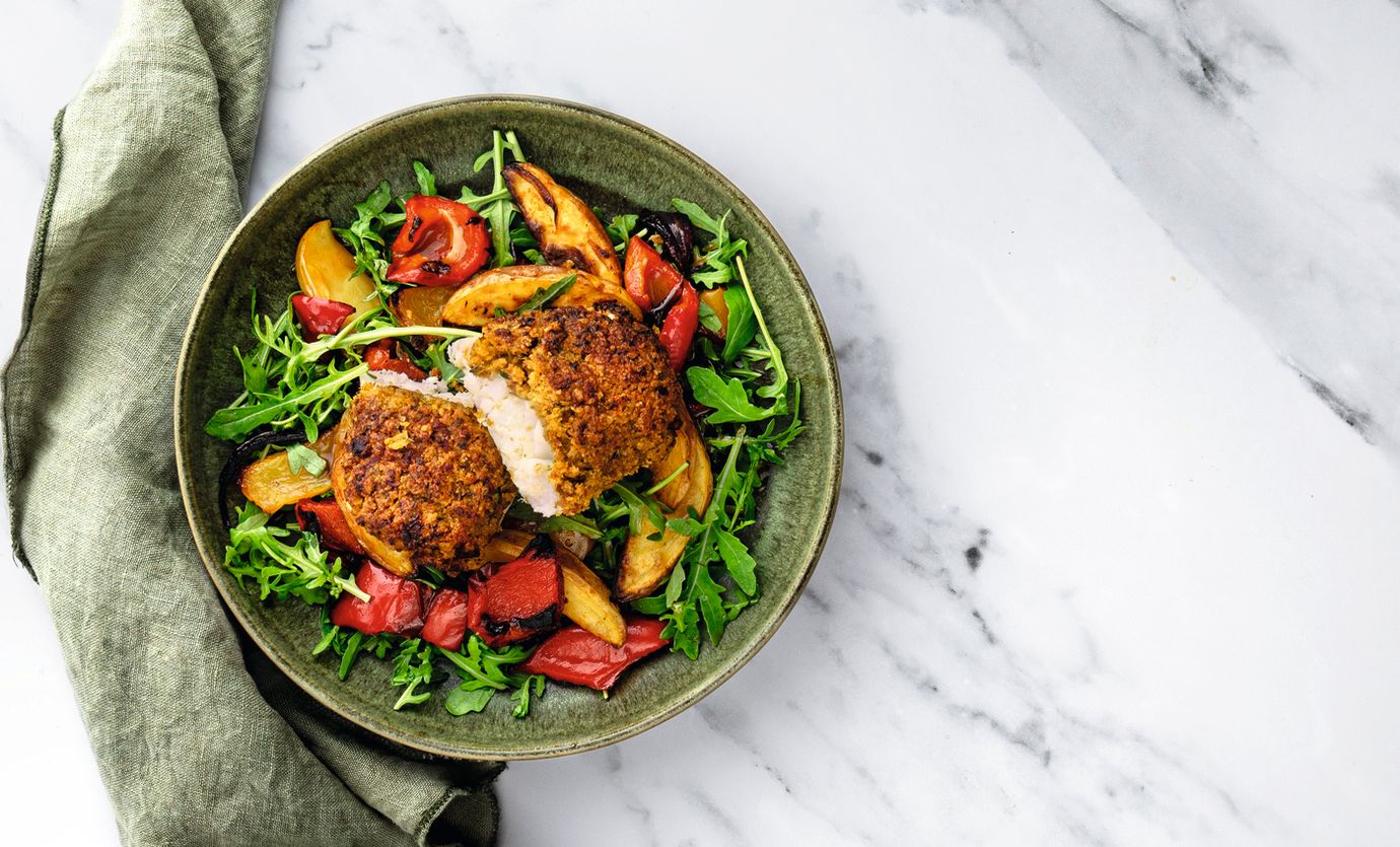 Cod with crust with a roasted vegetable salad