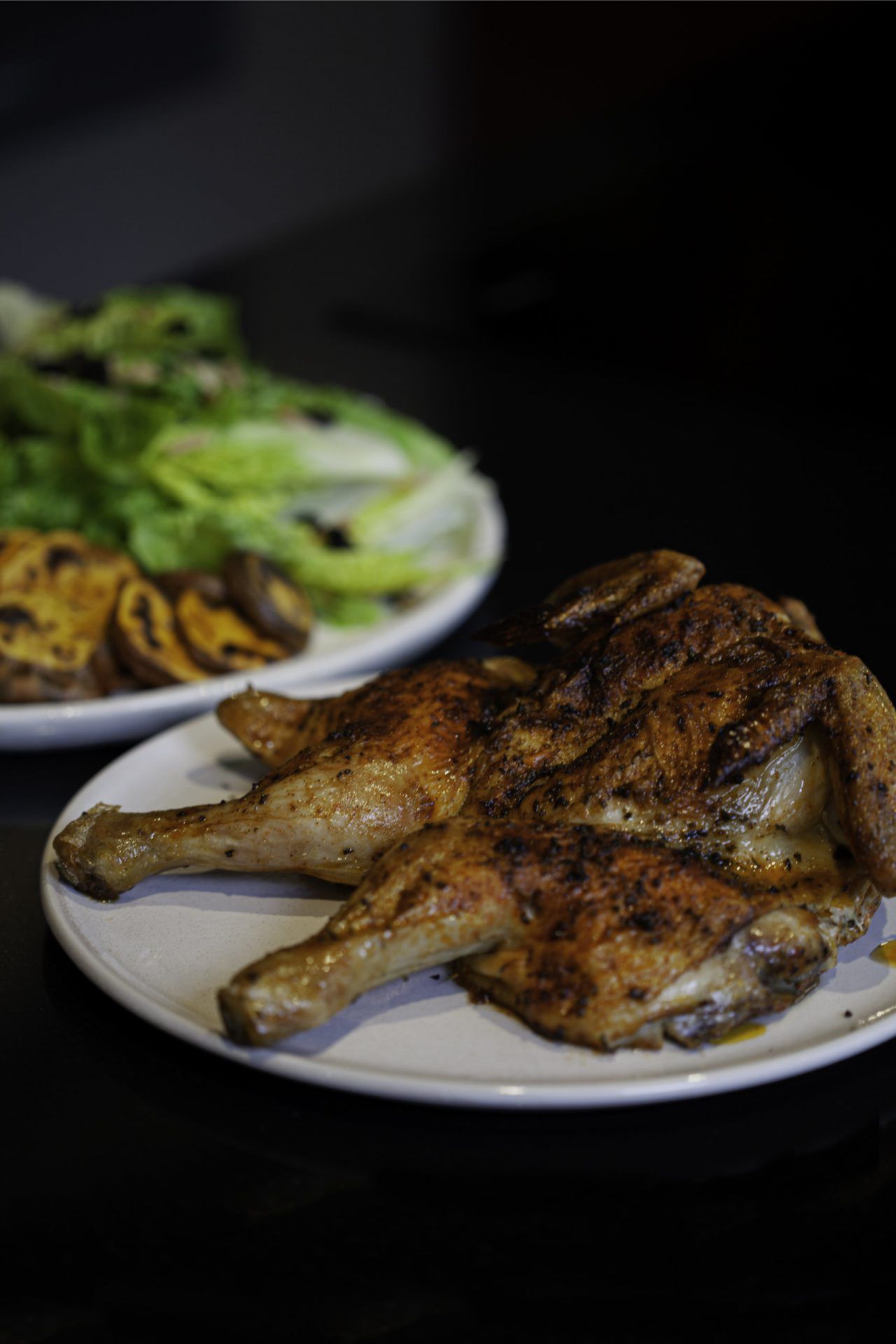 Spatchcock chicken with grilled sweet potato and baby cos salad