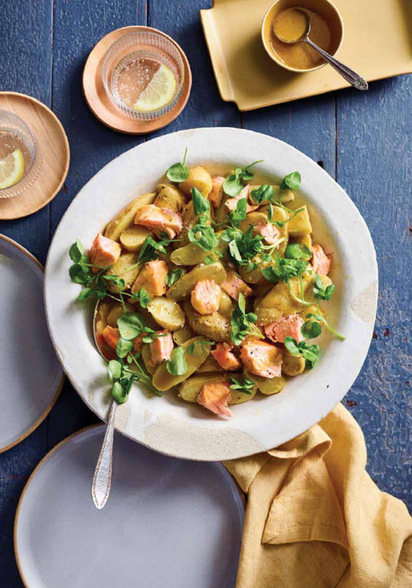 Sous-vide miso potatoes with hot smoked salmon