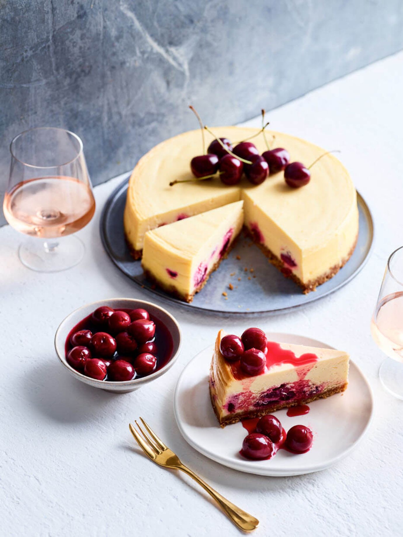 Baked white chocolate and cherry cheesecake