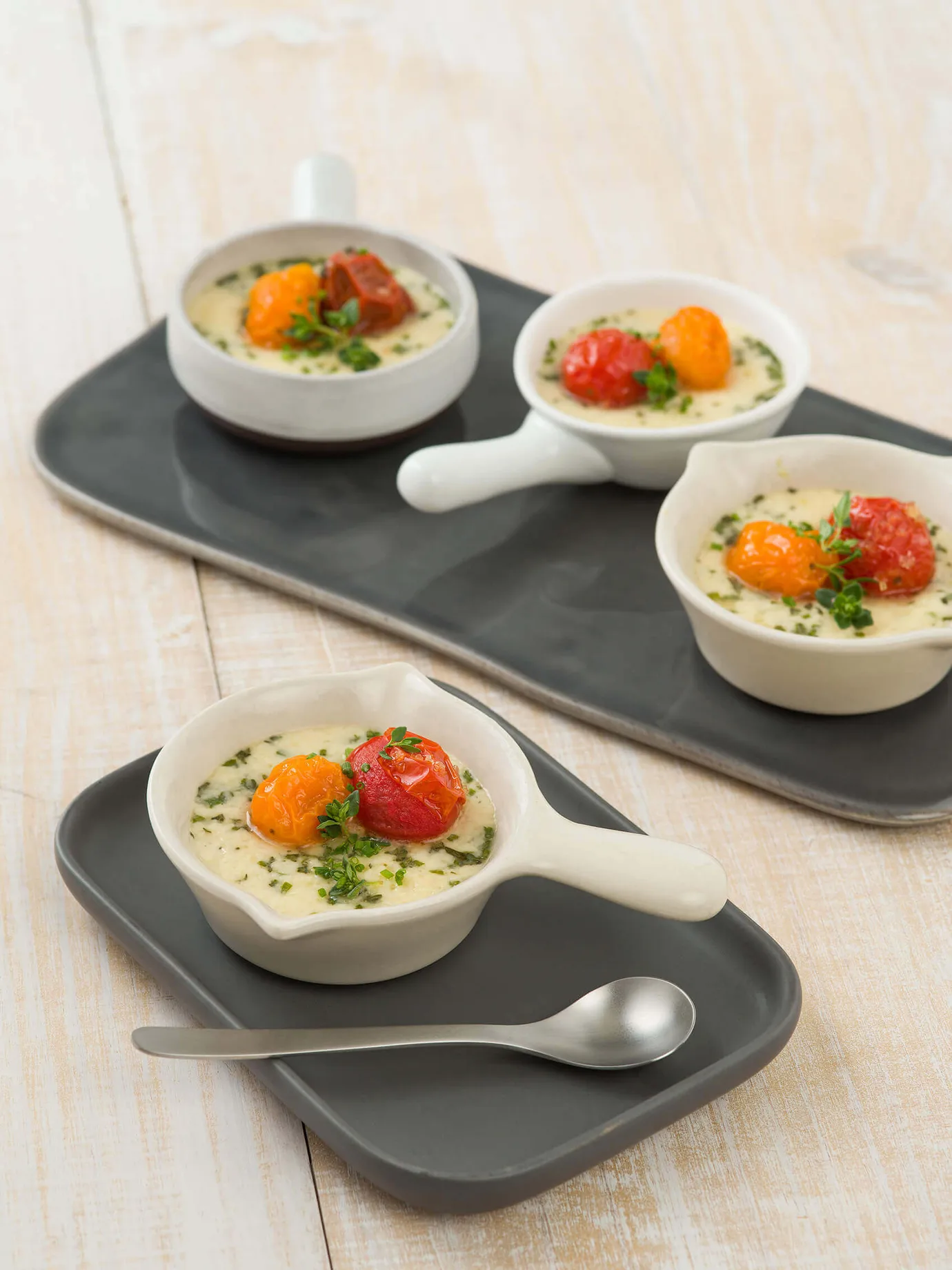 Gruyère custards with caramelised tomatoes