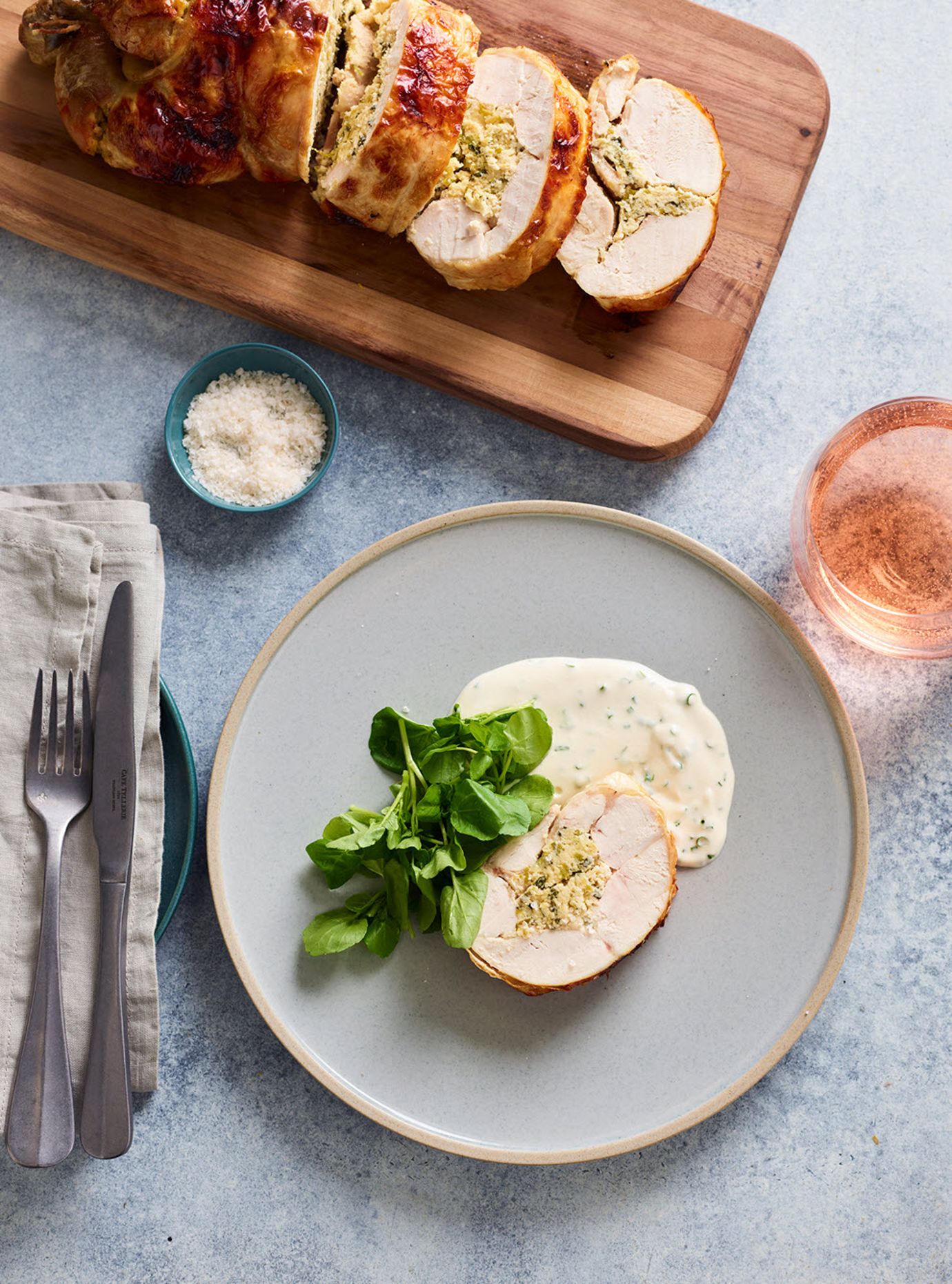 Chicken ballotine with corn, watercress stuffing and almond cream