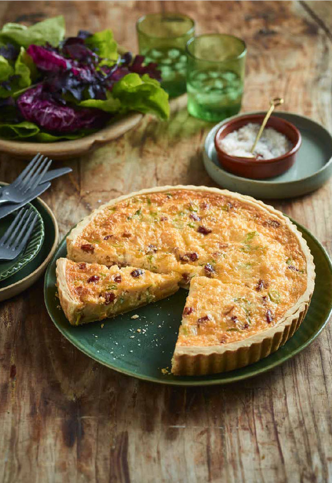 Quiche with chorizo, potato, haloumi and spring onion