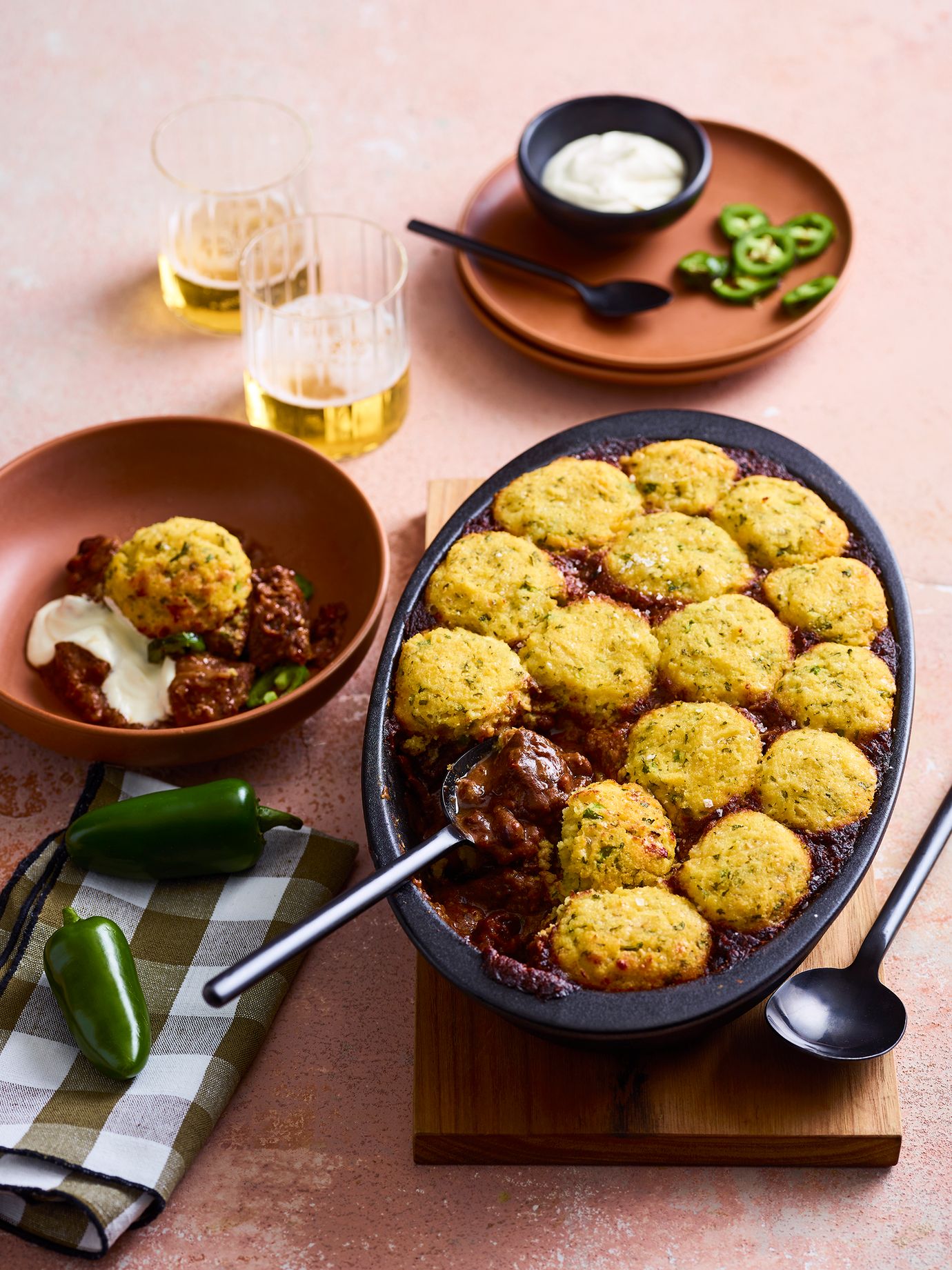 Chilli braised beef with cornbread dumplings
