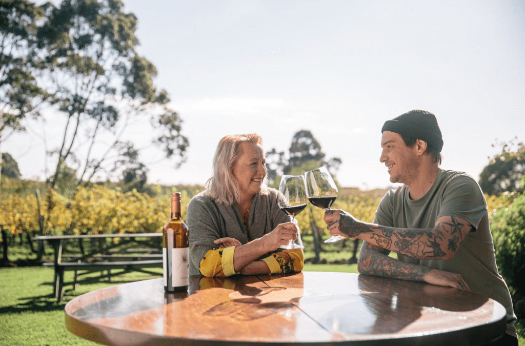 Matt Stone and Vanya Cullen having red wine in Cullen Estate